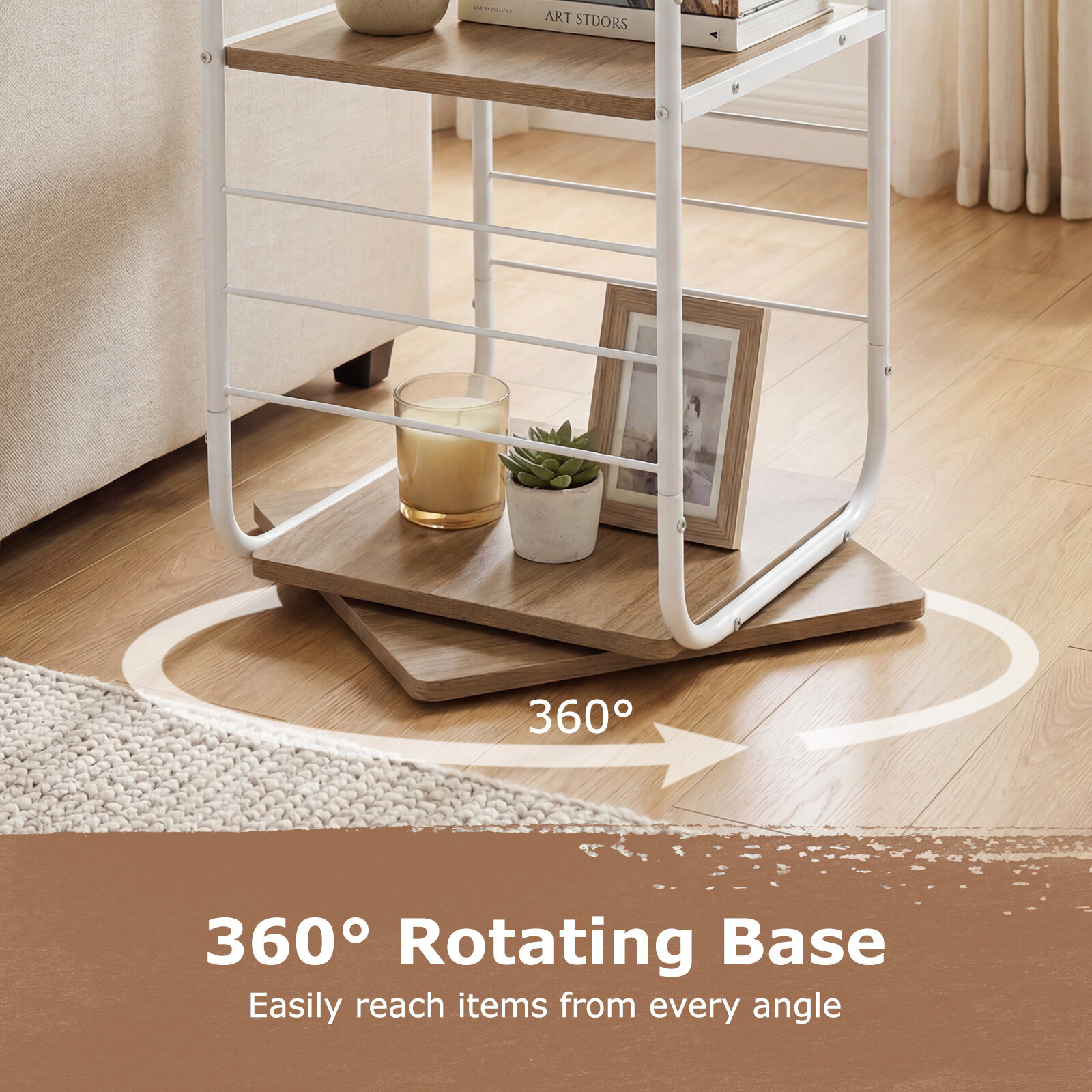 4-astmeline 360° pöörlev raamaturiiuli torn metallraamiga - naturaalne