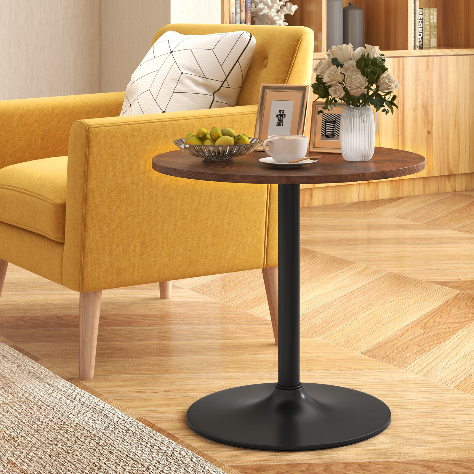 Costway 101/56 cm Round Bistro Cocktail Tall Coffee Table High Top Pub Table-Brown-1 Piece