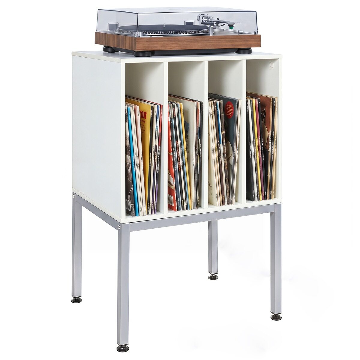 Turntable Stand with Vinyl Storage Shelves and Raised Metal Legs-White Turntable Stand with Vinyl Storage Shelves and Raised Metal Legs-White