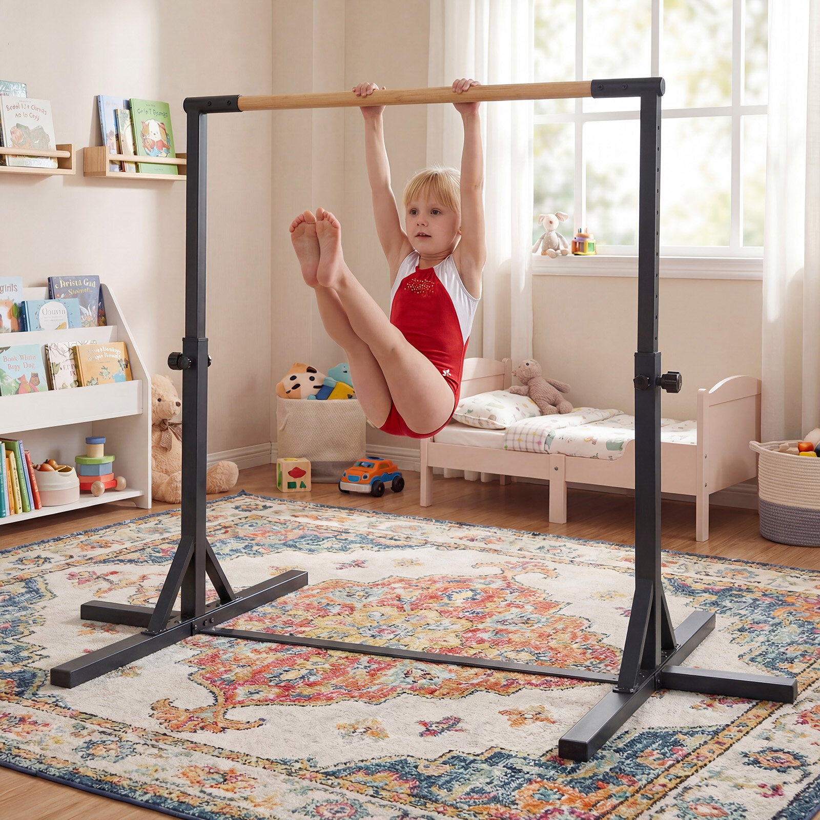 Võimlemiskang, horisontaalne kang 12 kõrguse reguleerimisvõimalusega vahemikus 85-145 cm, must