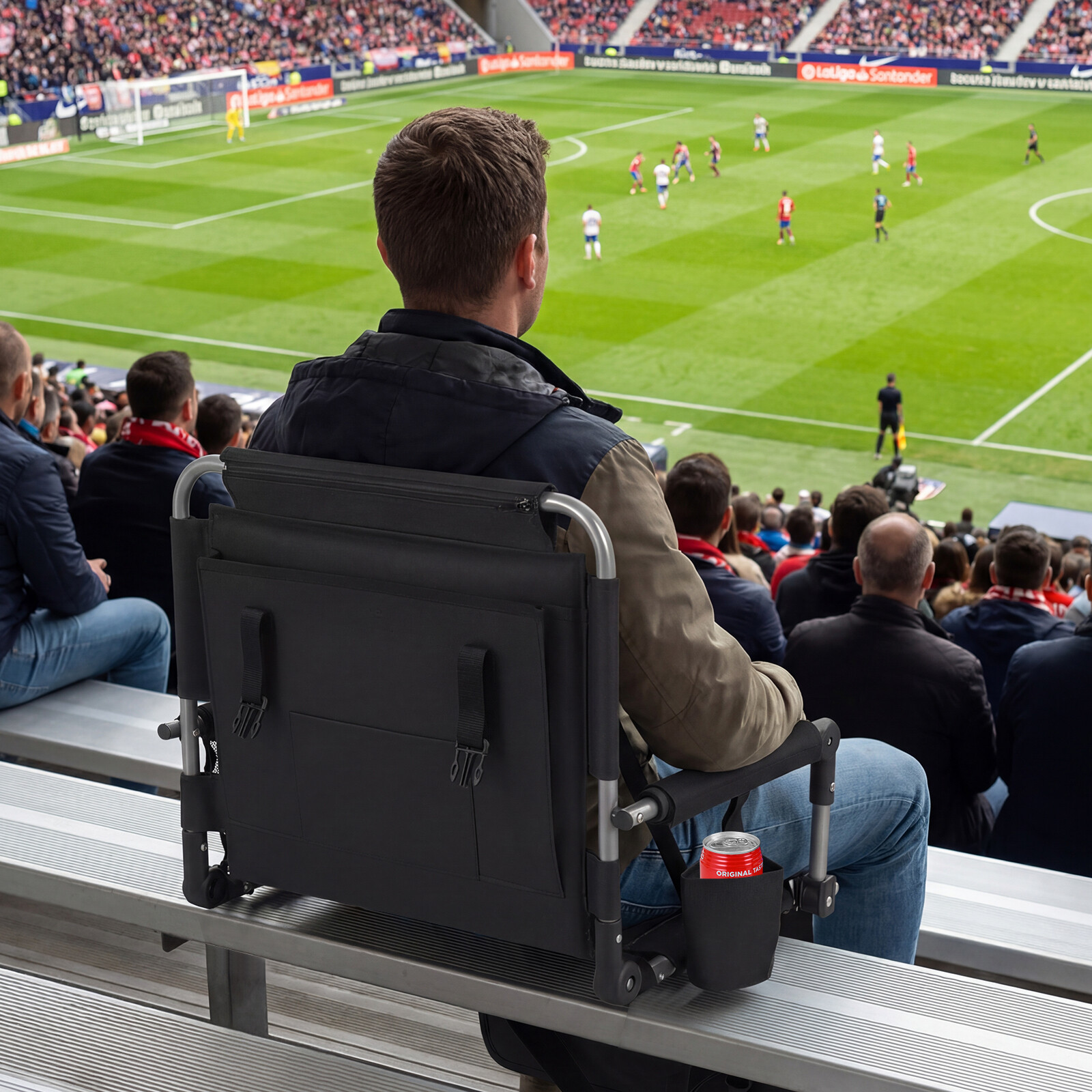 Stadium seat with backrest, foldable grandstand chair with storage bag and drink holder, grey