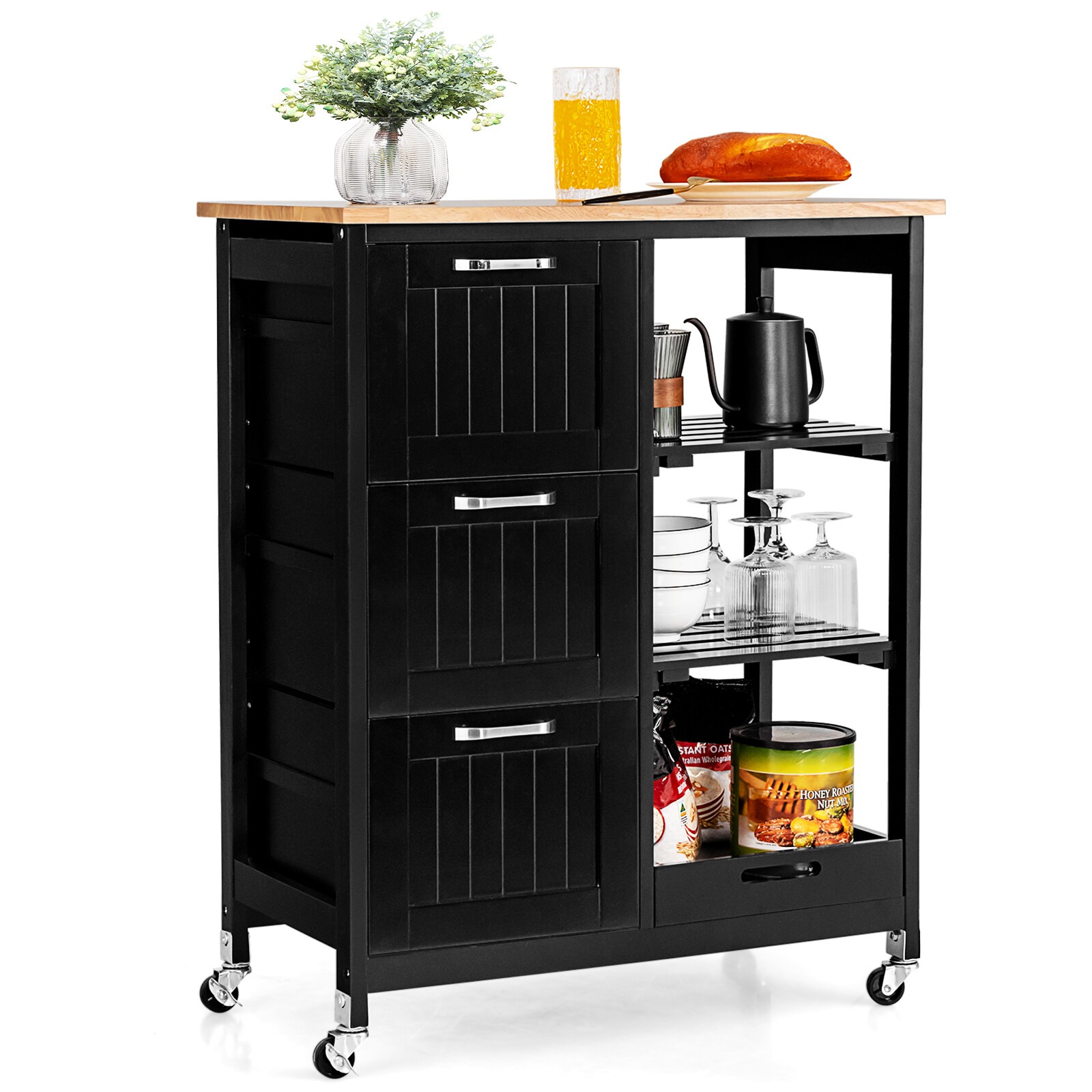 Kitchen Island with Rubber Wood Countertop & Lockable Casters-Black