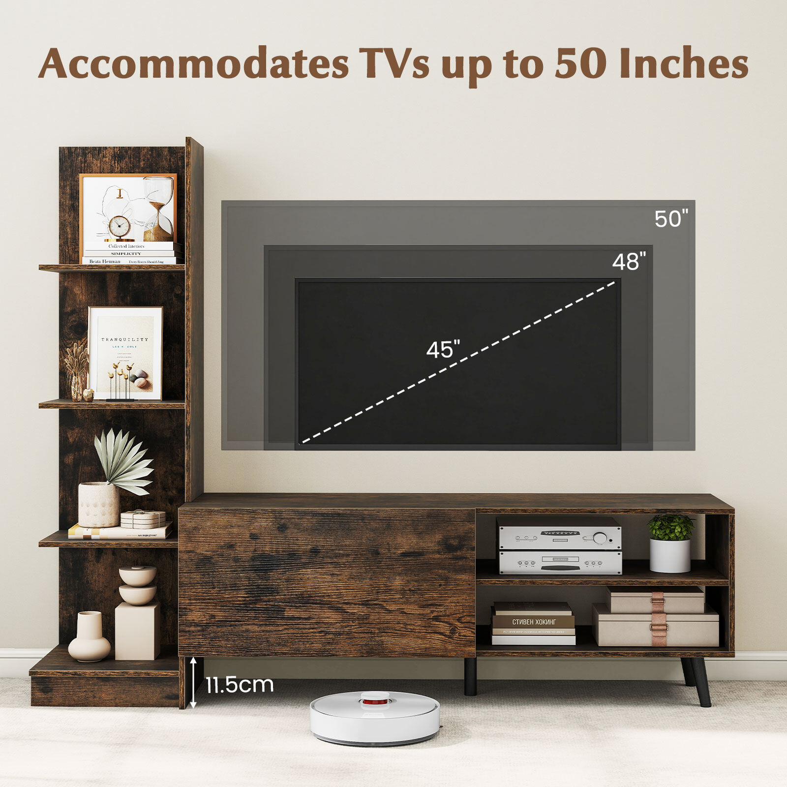 Televiisorialus kuni 127 cm laiusele telerile reguleeritava riiuliga elutuppa, magamistuppa - maalähedane pruun