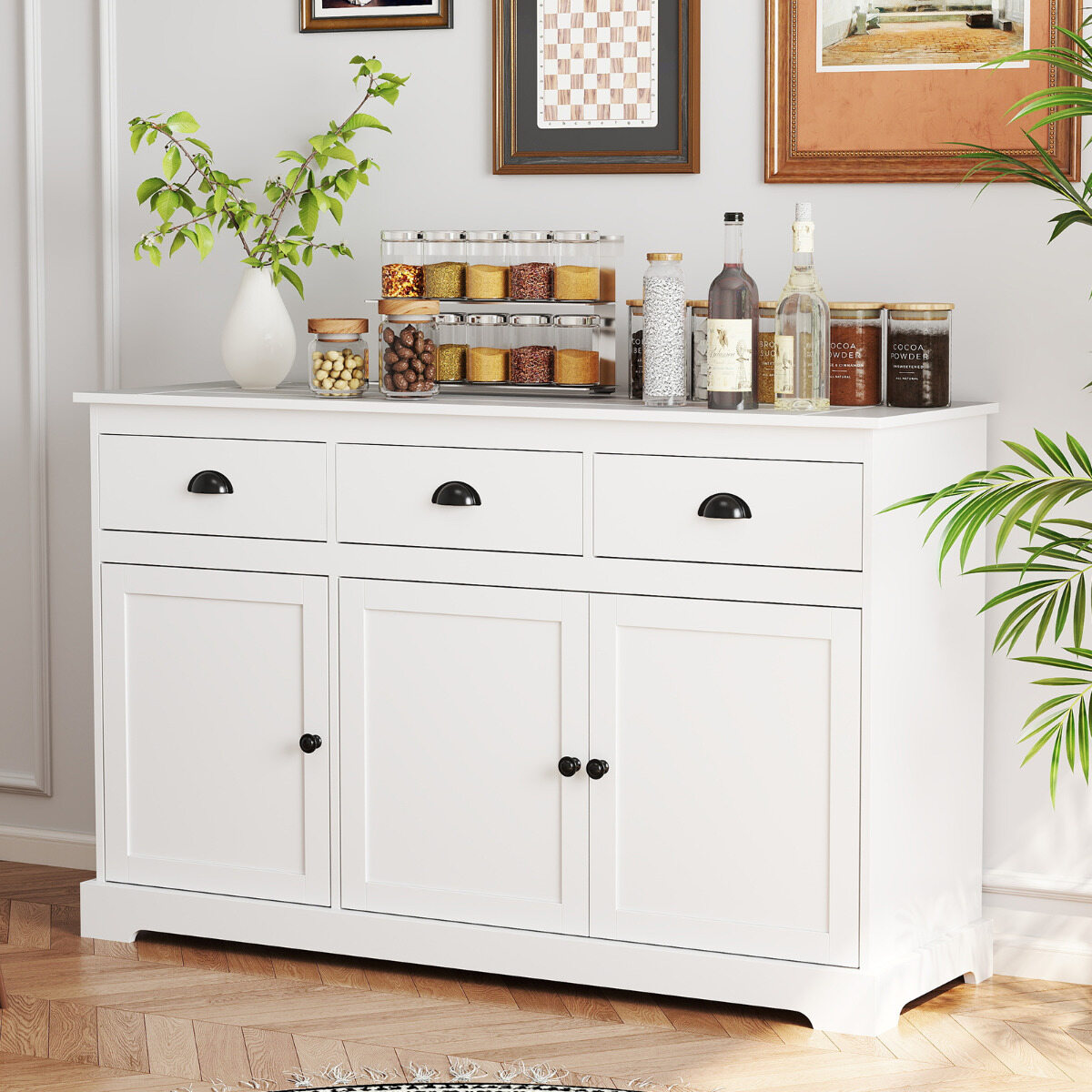 Modern Buffet Sideboard 136cm Storage Cabinet with 3 Drawers-White