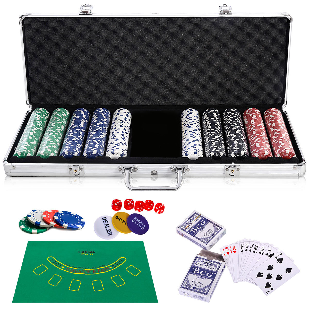 Pokkerikomplekt Pokerkoffer 500 laseržetooniga Alukoffer Alu Pokerkoffer + Tuch + 2 pokkeripakki