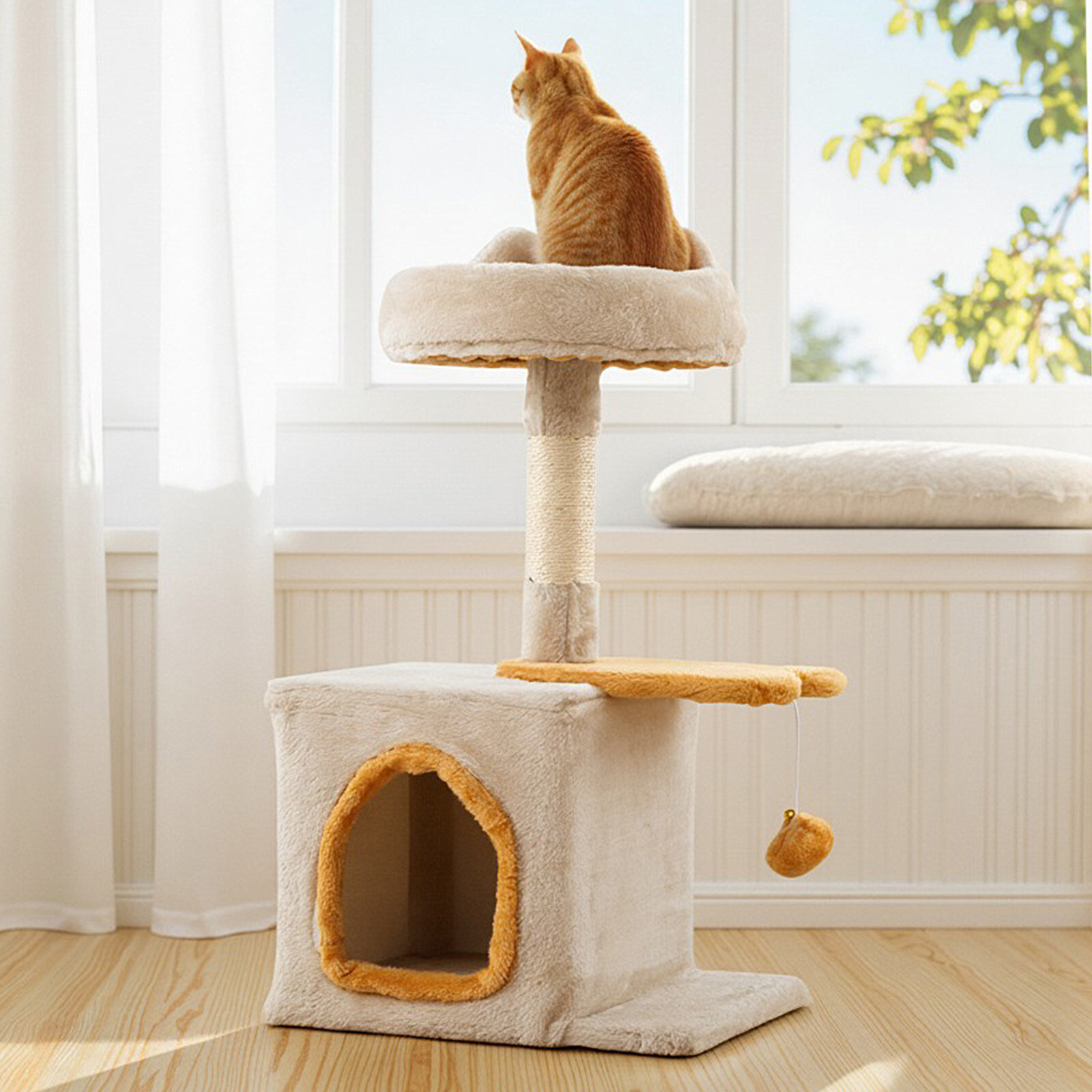 Small cat tree with fish-shaped platform, wooden cat tree, cat scratching post, climbing tree