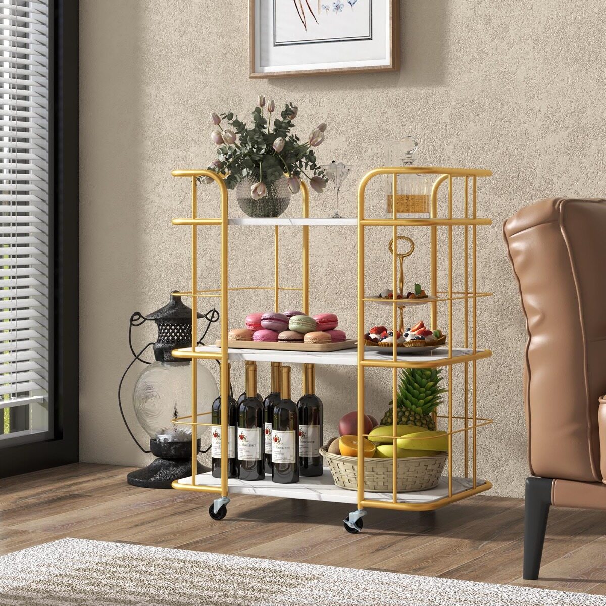 3-Tier Metal Kitchen Storage Serving Cart Trolley with Marble Tabletop and Handles