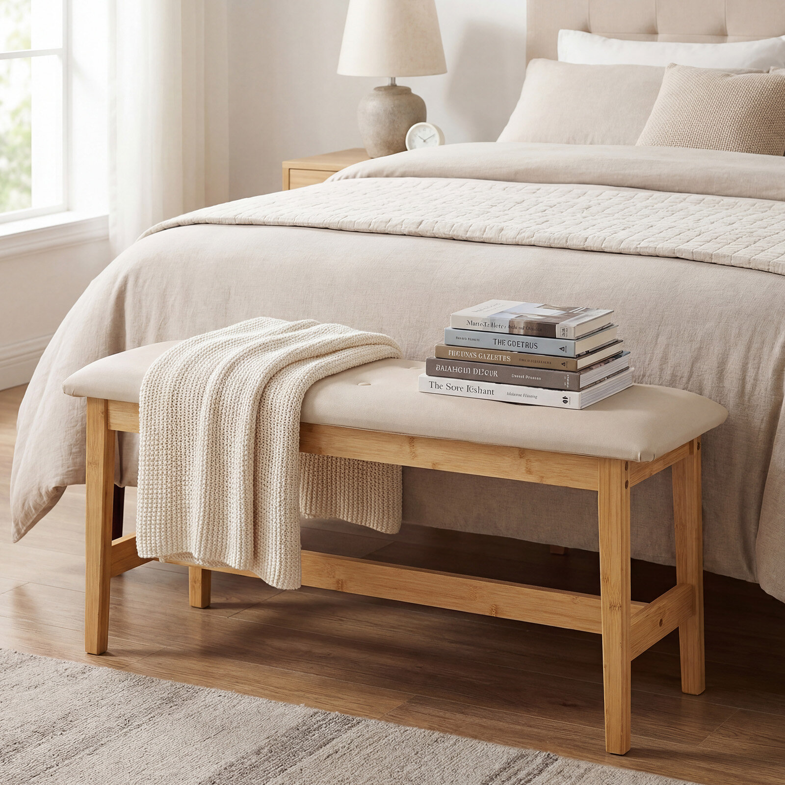 100 CM Upholstered Bench with Padded Seat and Smooth PU Leather for Bedroom and Entryway-Natural