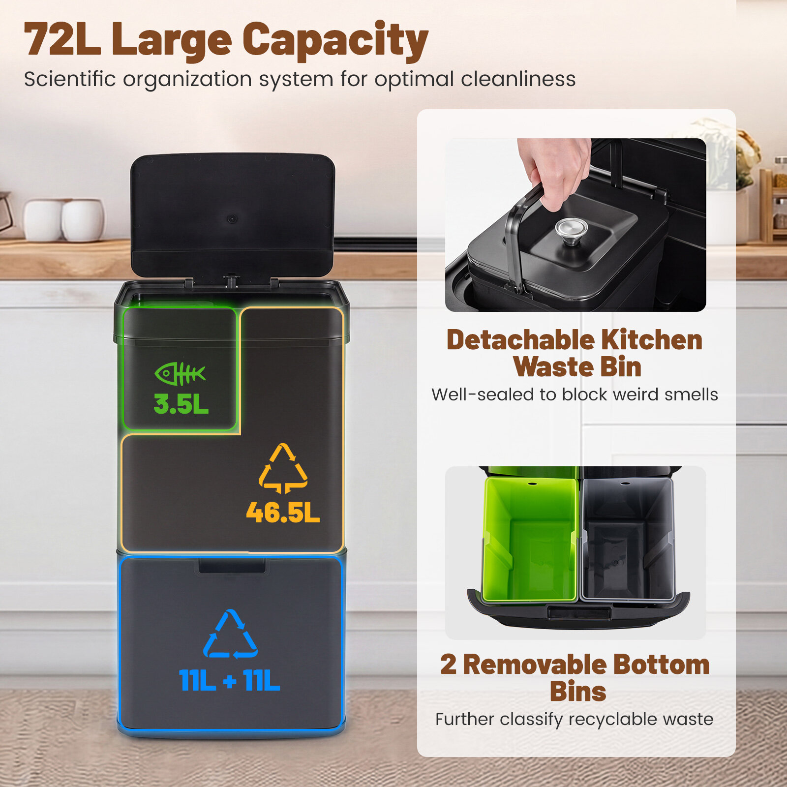 72 L roostevabast terasest prügikast köögijäätmete sektsiooniga, 42 x 32–58 x 84–110 cm, must