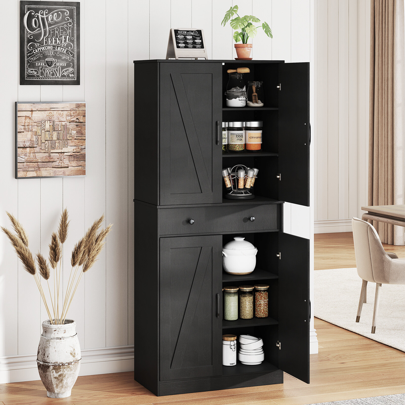 183cm Tall Kitchen Cabinet, Modern Wardrobe with 4 Barn Doors, Drawer, 3 Adjustable Shelves, 2 Anti-Tip Kits, Black 183cm Tall Kitchen Cabinet, Modern Wardrobe with 4 Barn Doors, Drawer, 3 Adjustable Shelves, 2 Anti-Tip Kits, Black