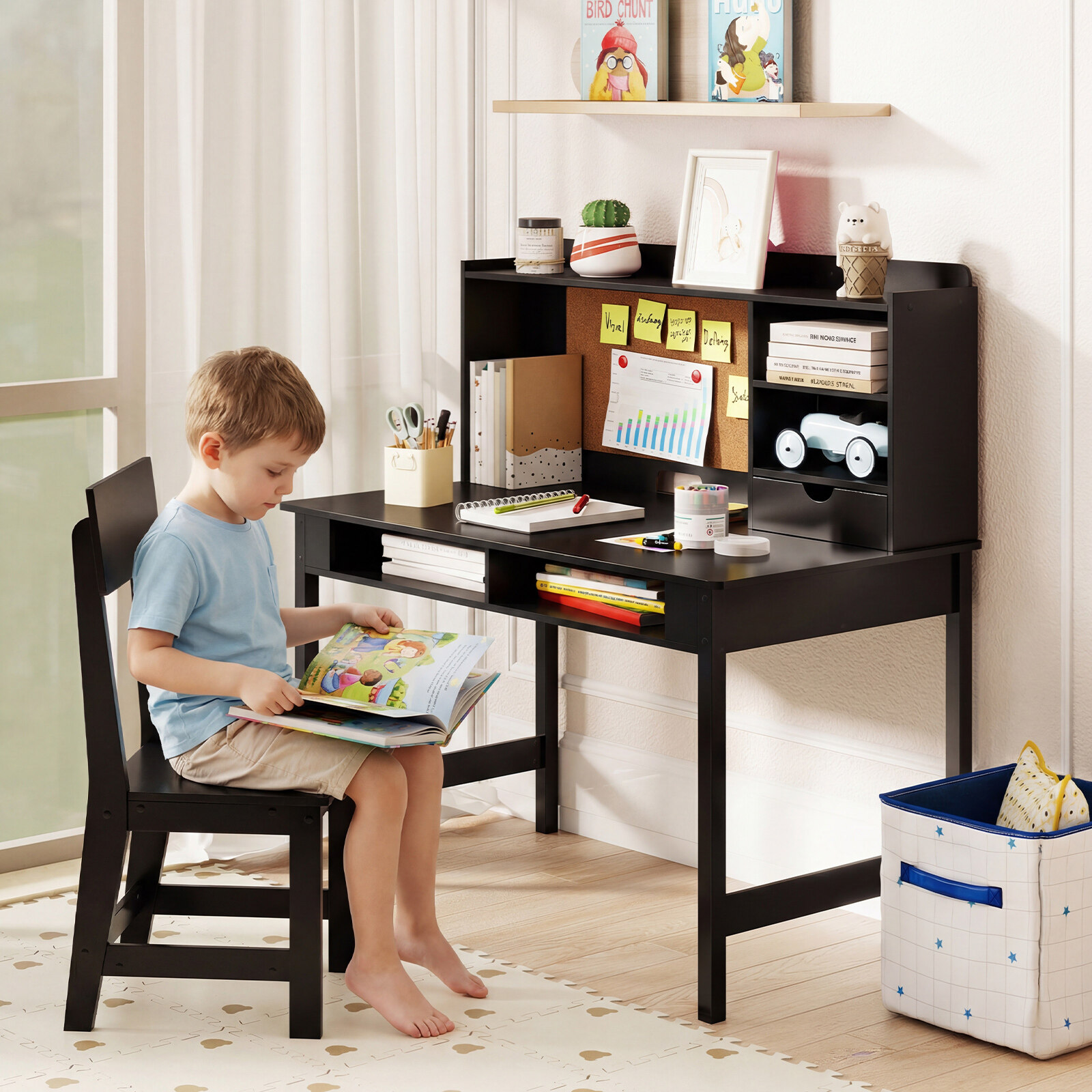 Children's desk with chair, wooden student desk with cork pinboard and drawer, black Children's desk with chair, wooden student desk with cork pinboard and drawer, black