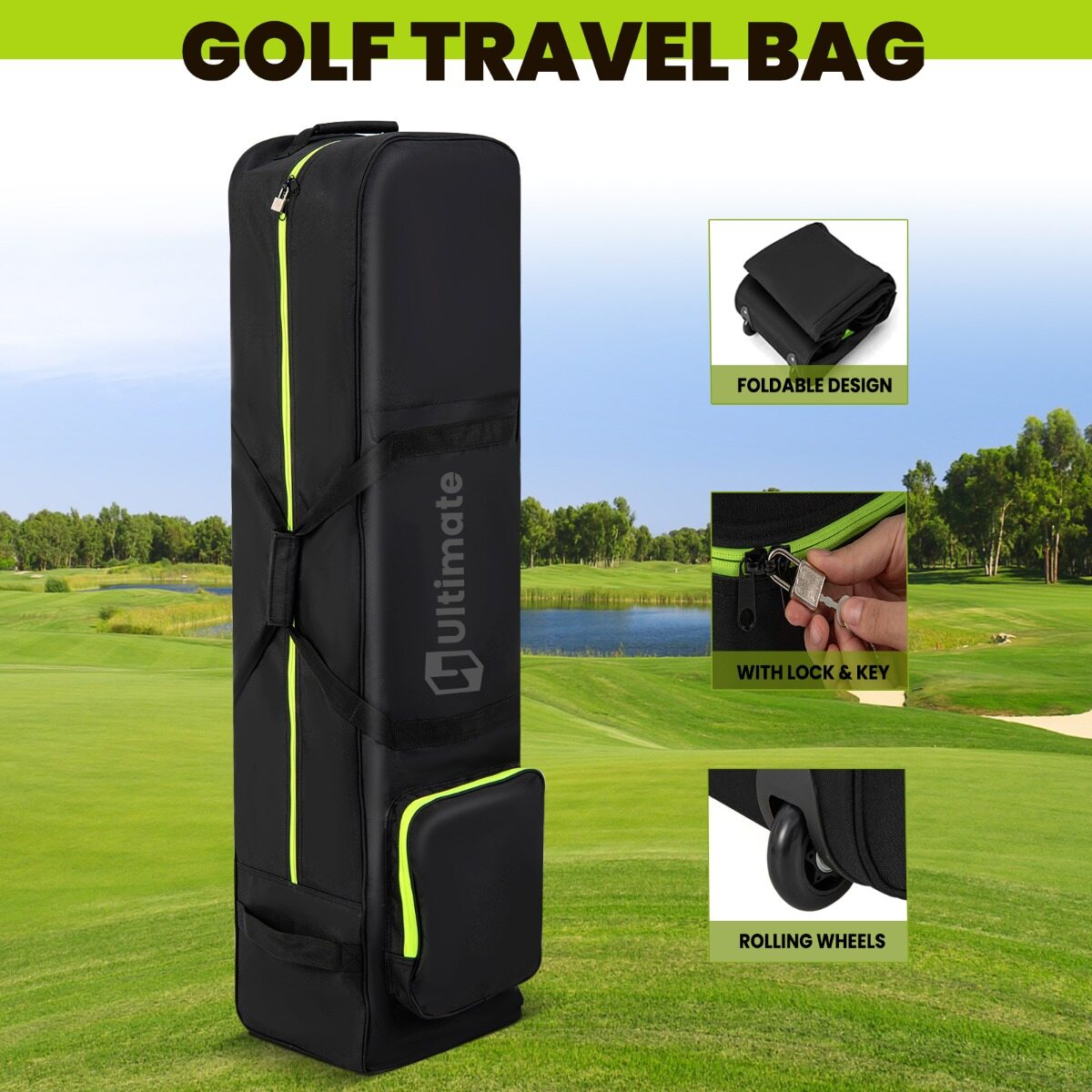 Pehmete külgedega 600 D Oxfordi golfikott rataste ja taskuga