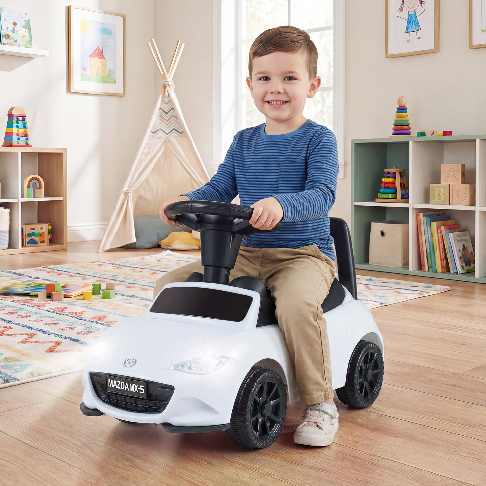 Ride-on car with light, anti-tip protection, and storage space under the seat. Ride-on toy for children, white. Ride-on car with light, anti-tip protection, and storage space under the seat. Ride-on toy for children, white.