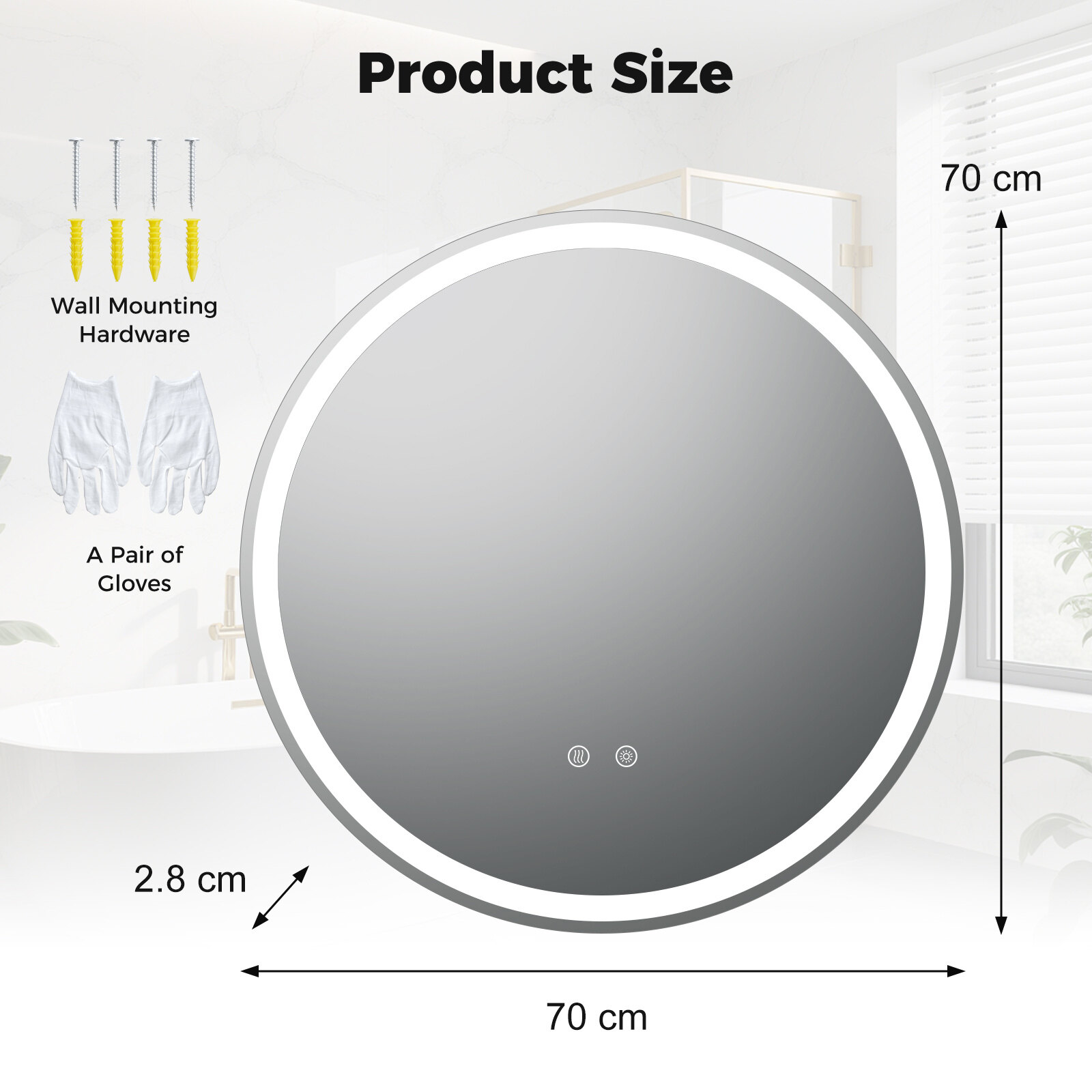 70 cm ümmargune LED-valgustusega vannitoapeegel reguleeritava heledusega