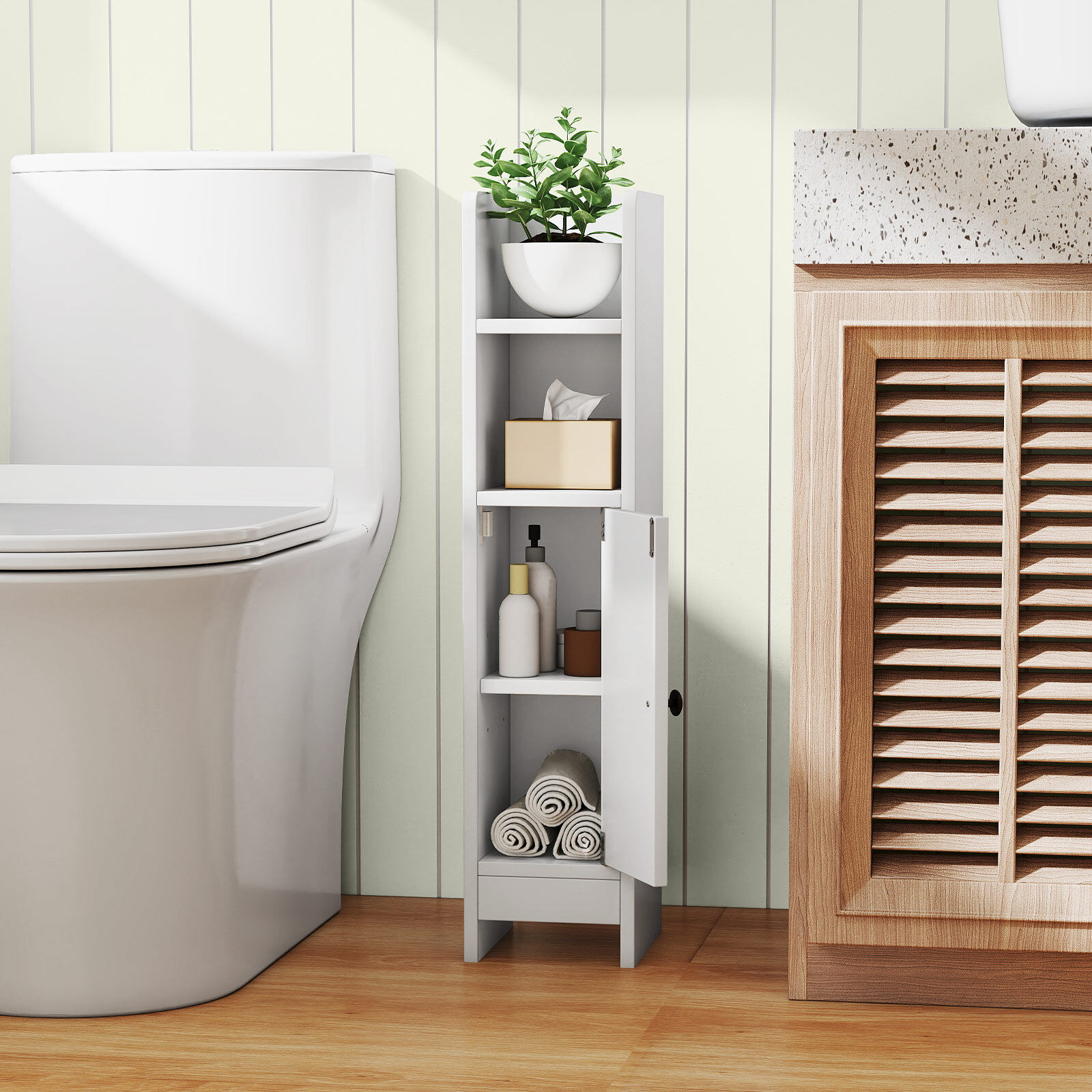 Slim toilet cabinet with 2 open compartments & 2 removable shelves bathroom cabinet white