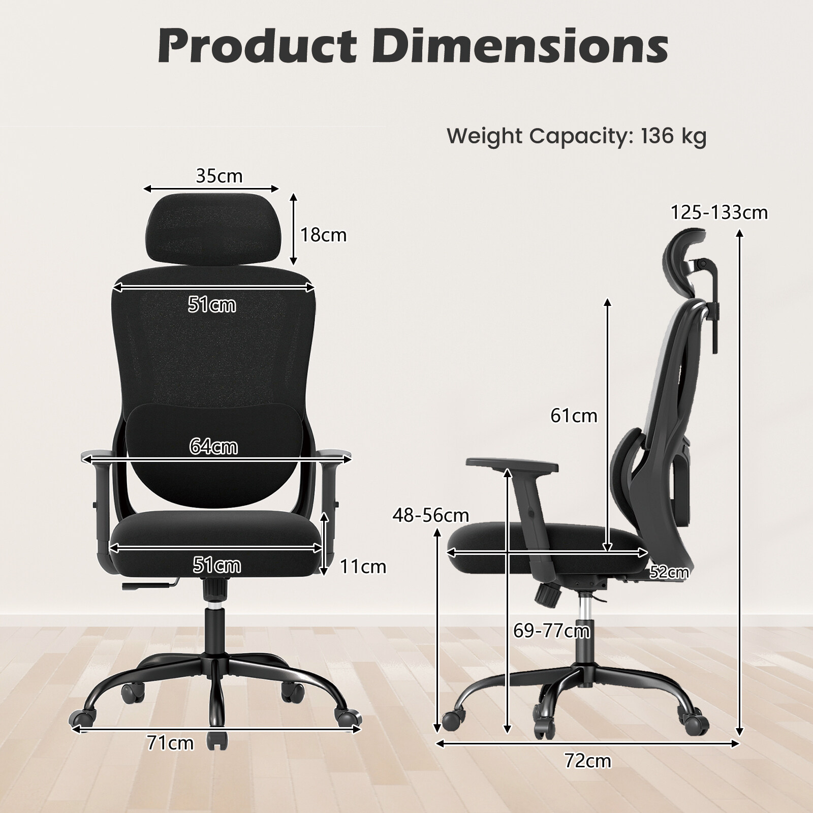 Kontoritool peatoega, ergonoomiline tool reguleeritava seljatoe, nimmetoe ja käetugedega, pöörlev ja lamav tool, must