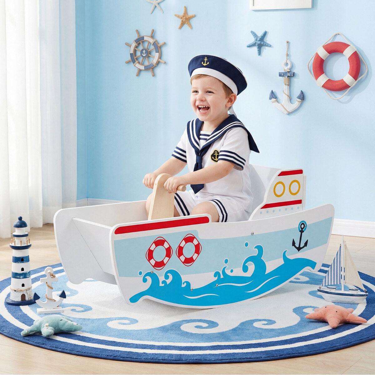 Wooden rocking boat with 40° rocking range, nautical design, and backrest, rocking horse style