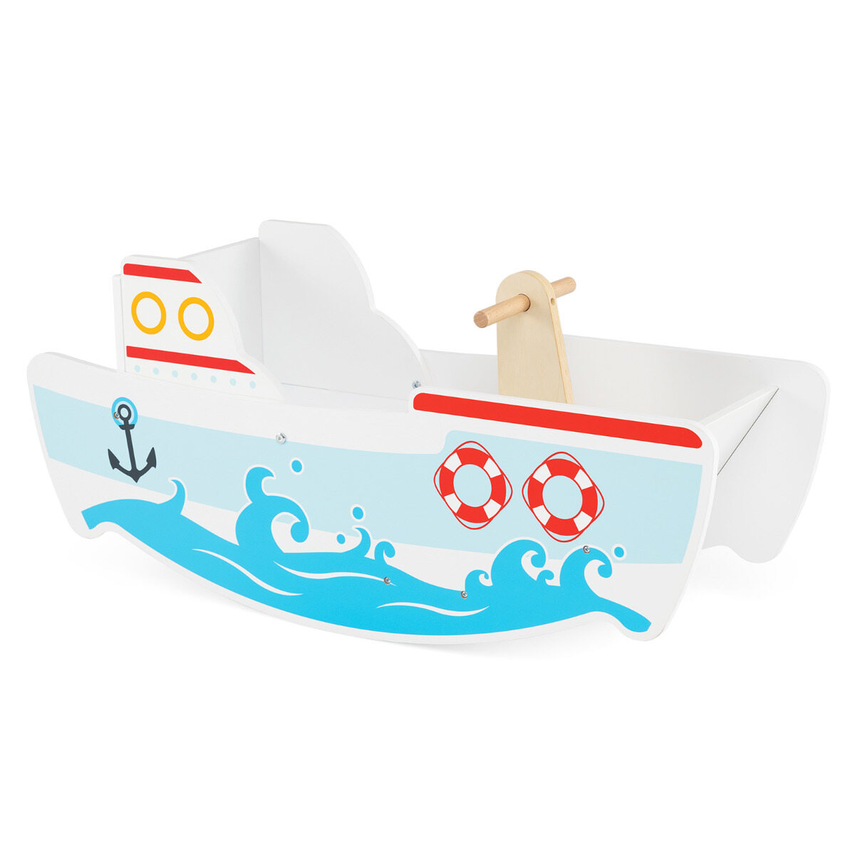 Costway Wooden rocking boat with 40° rocking range, nautical design, and backrest, rocking horse style Costway Wooden rocking boat with 40° rocking range, nautical design, and backrest, rocking horse style