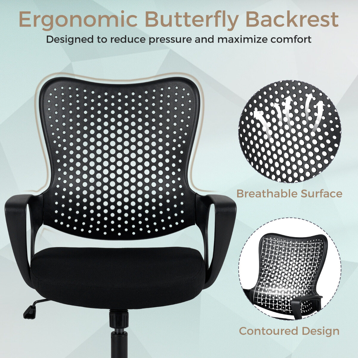 Ergonoomiline kontoritool käetugedega, polsterdatud Cushio liblikakujulise seljatoega - must