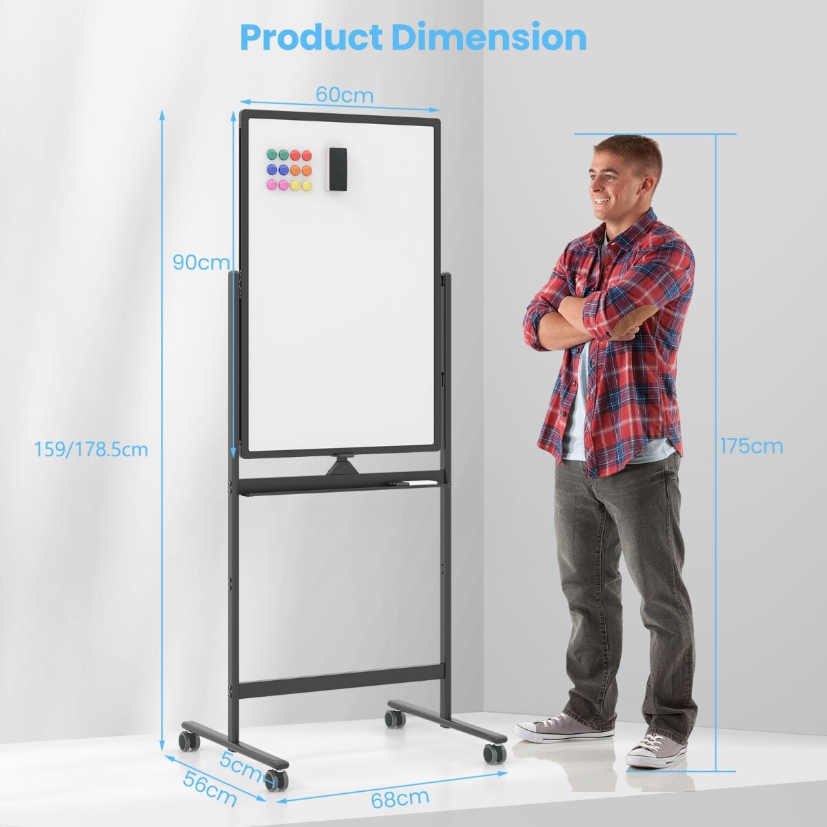 Kahepoolne mobiilne tahvel pliiatsialuse ja tarvikutega kooli kontorisse 60 x 90 cm must