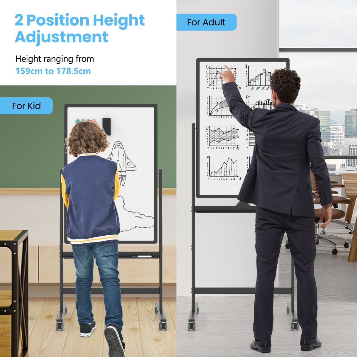 Kahepoolne mobiilne tahvel pliiatsialuse ja tarvikutega kooli kontorisse 60 x 90 cm must