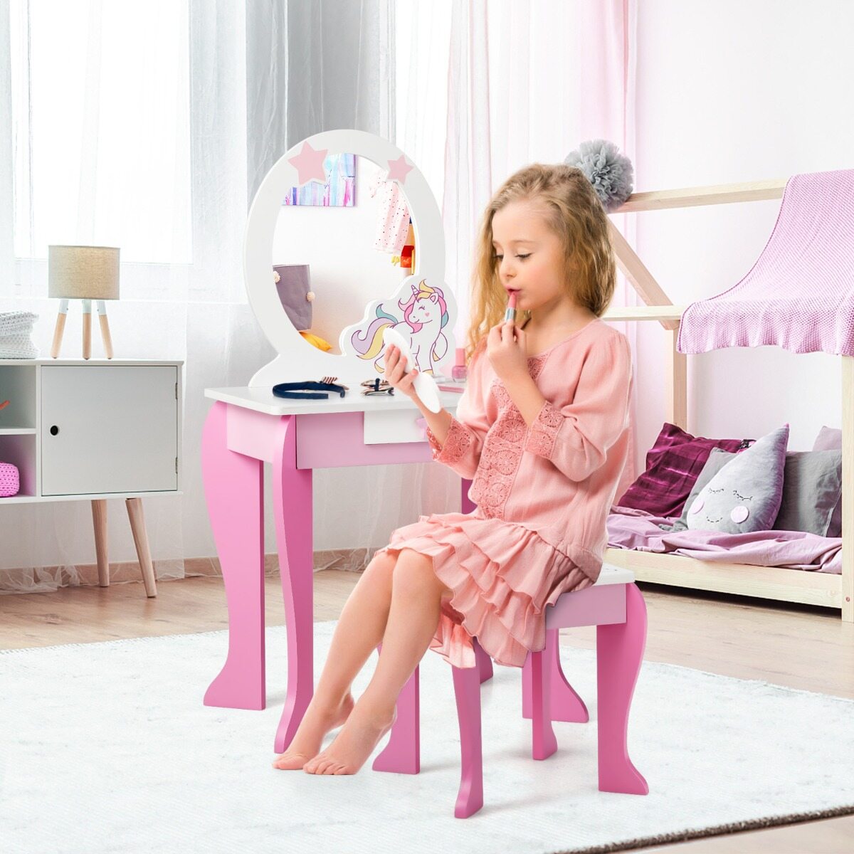 Costway Children's wooden dressing table with stool & removable mirror & drawer pink
