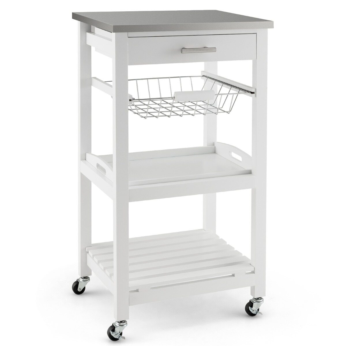 Serving trolley Rolling kitchen island with worktop 47 x 39 x 85 cm White Serving trolley Rolling kitchen island with worktop 47 x 39 x 85 cm White