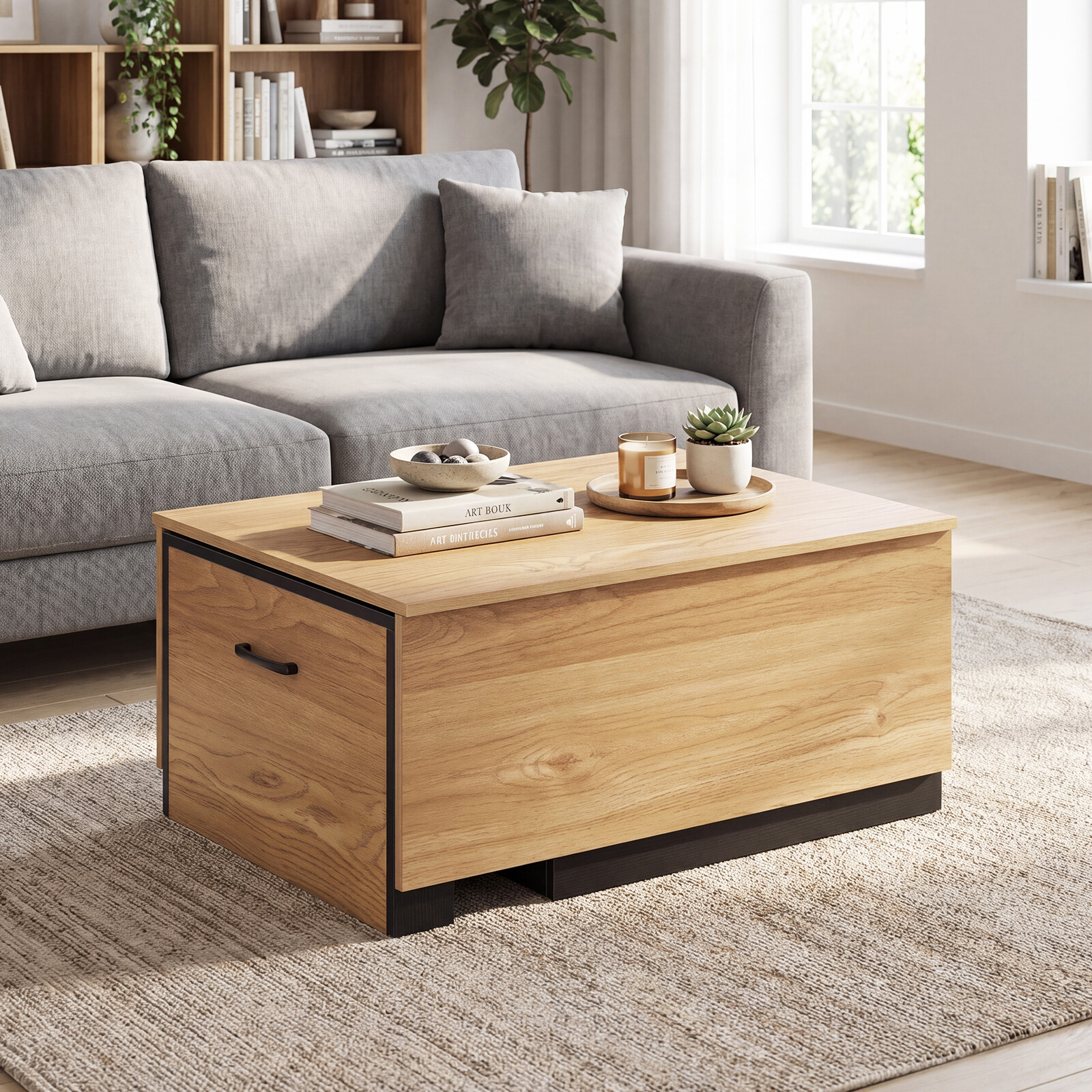 Extendable Coffee Table with 2 Storage Compartments Dual-Tone Center Table-Natural