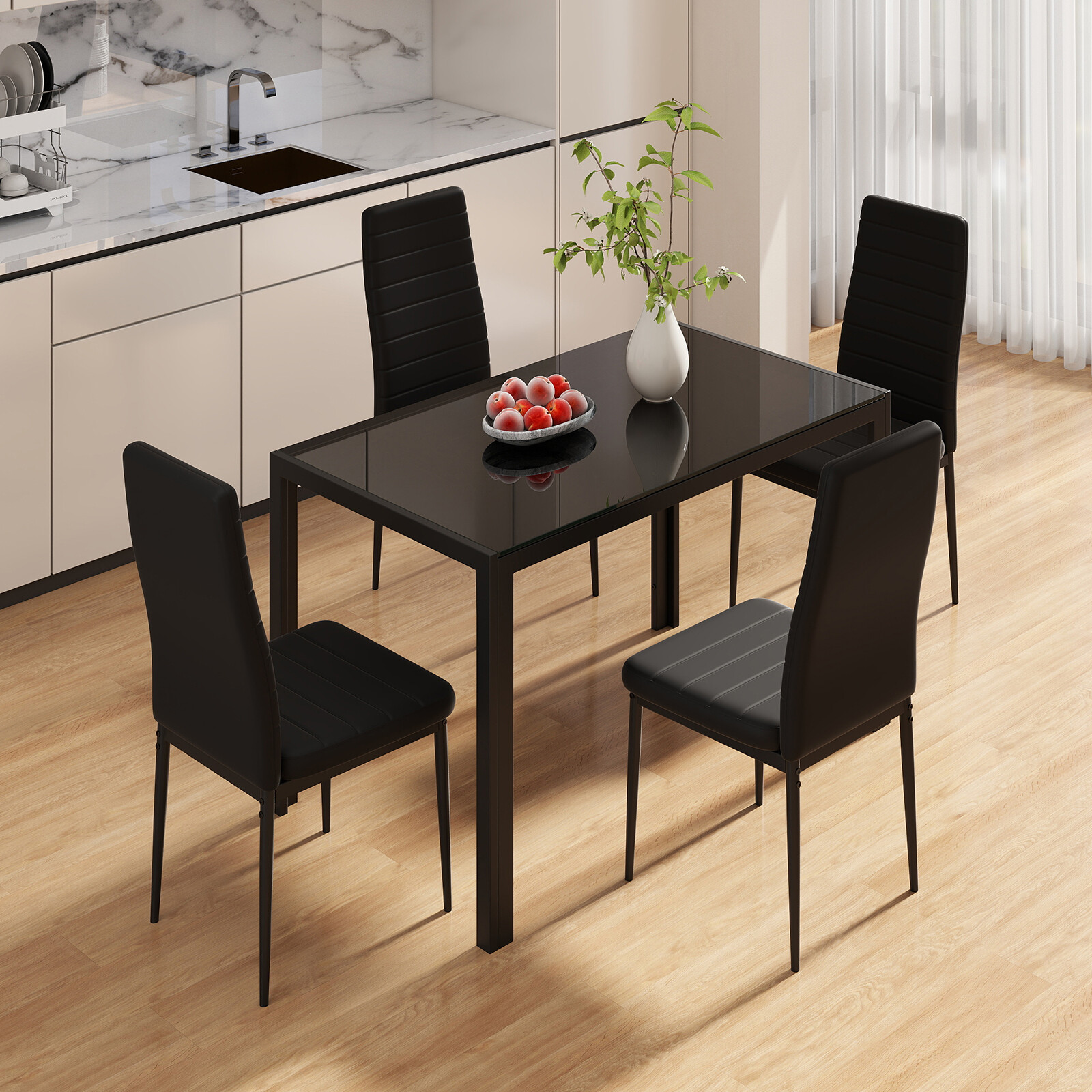 Moodne söögilaud 120 cm 4 inimesele ristkülikukujuline köögilaud klaasist pealispinnaga, vastupidav metallraam, must