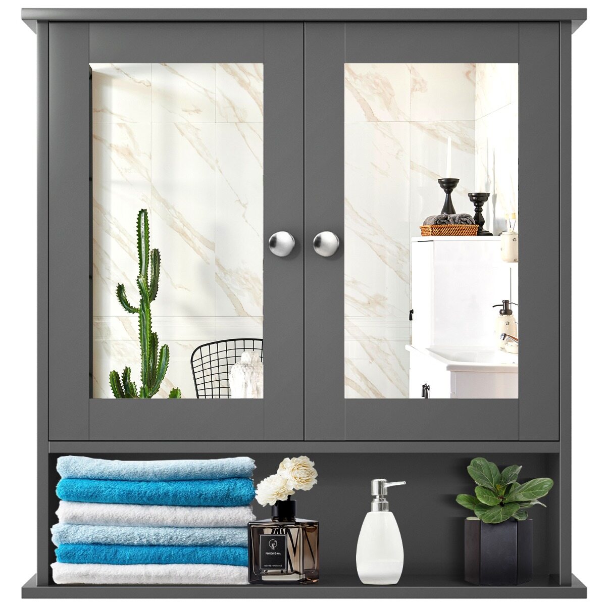 Wooden Hanging Medicine Organizer with Mirror and Adjustable Shelf-Grey Wooden Hanging Medicine Organizer with Mirror and Adjustable Shelf-Grey