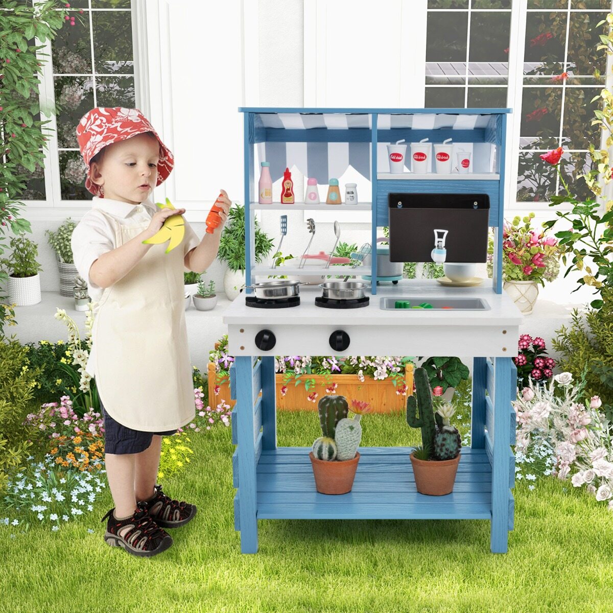 2-In-1 Wooden Mud Kitchen Double-Sided Kids Kitchen Playset with Canopy-Blue