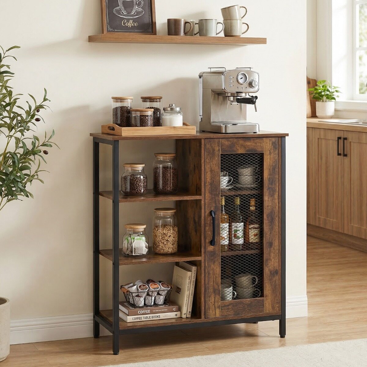 Coffee Bar Cabinet with Adjustable Shelves and Carbon Steel Frame for Living Room-Rustic Brown Coffee Bar Cabinet with Adjustable Shelves and Carbon Steel Frame for Living Room-Rustic Brown