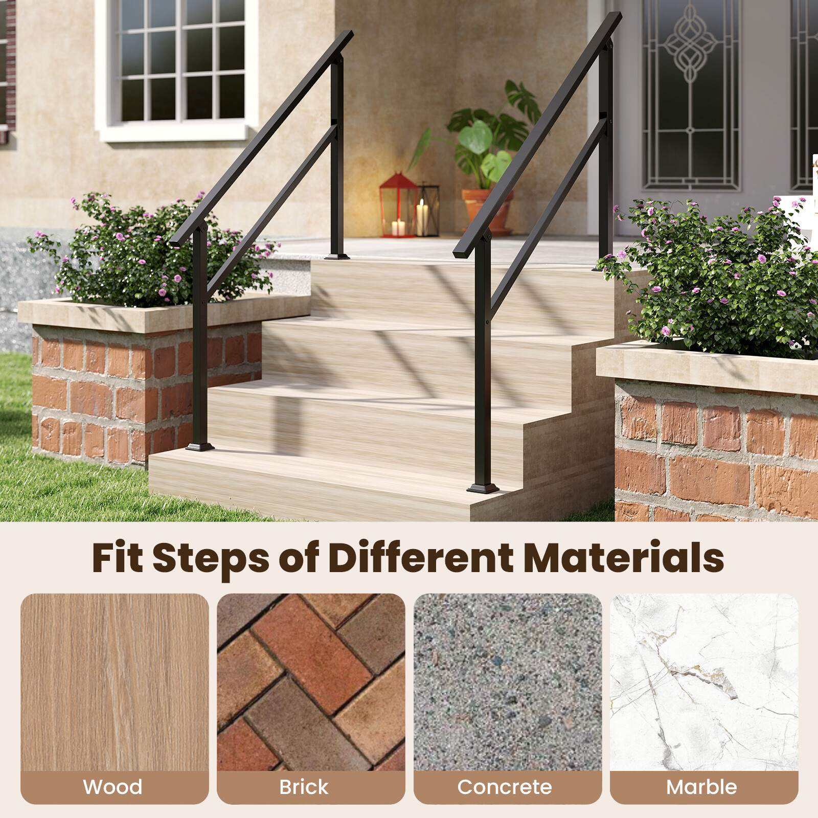 Metal Handrail for Outdoor Steps with Flexible Angle Adjustment and Installation Kit