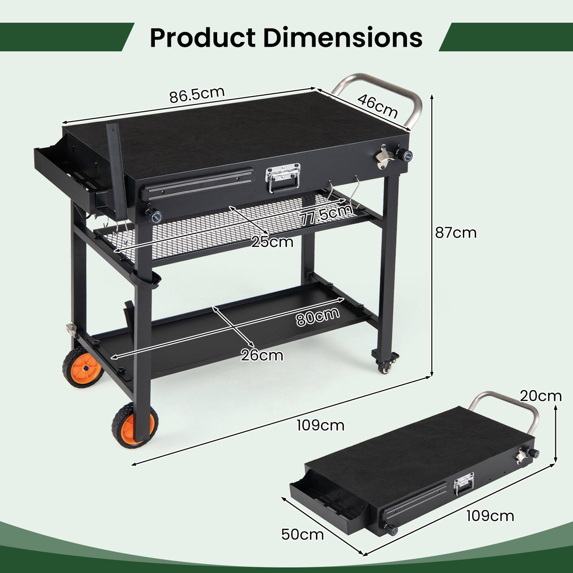 Kokkupandav grillikäru rataste ja kuumakindla alusega grillimiseks