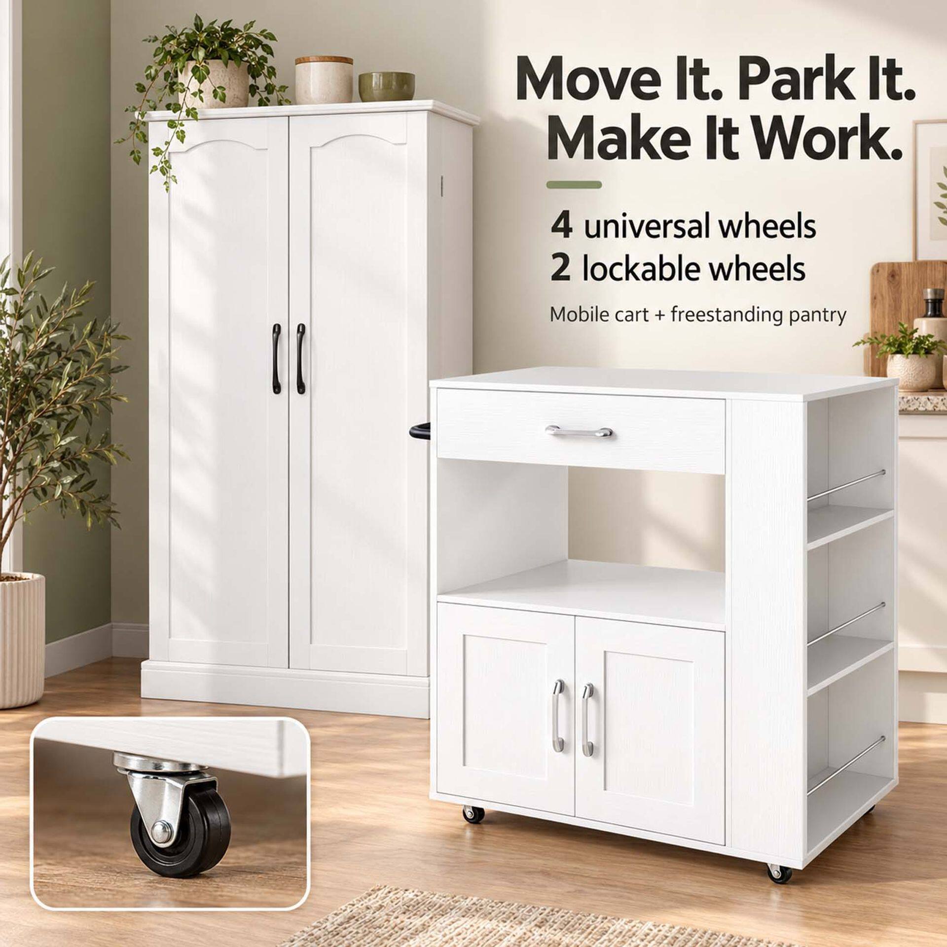 2-Piece Kitchen Pantry Cabinet and Mobile Kitchen Island Cart Set 2-Piece Kitchen Pantry Cabinet and Mobile Kitchen Island Cart Set
