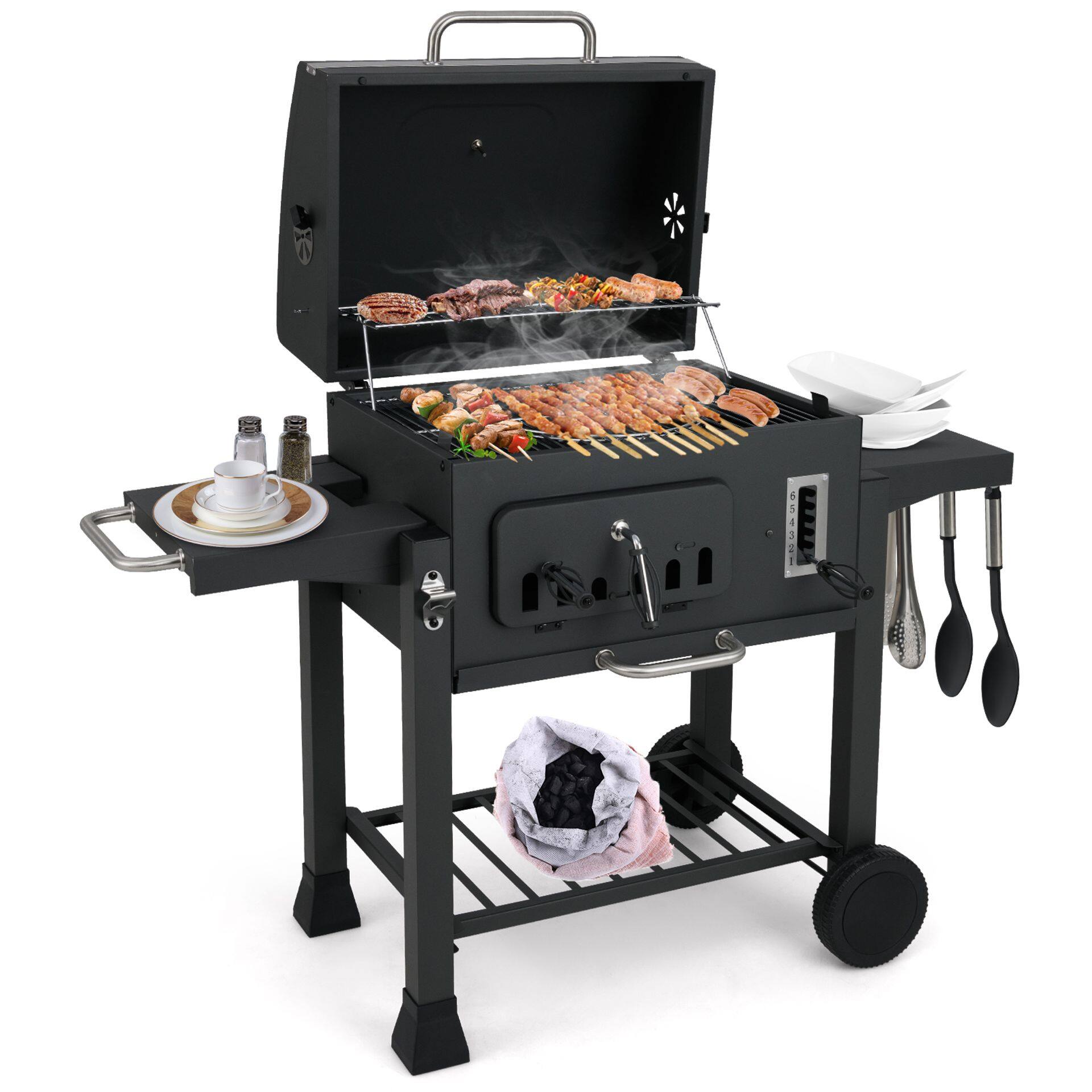 61 cm tünnikujuline söegrill kahe kokkupandava külglaua ja 544 ruuttollise küpsetusalaga