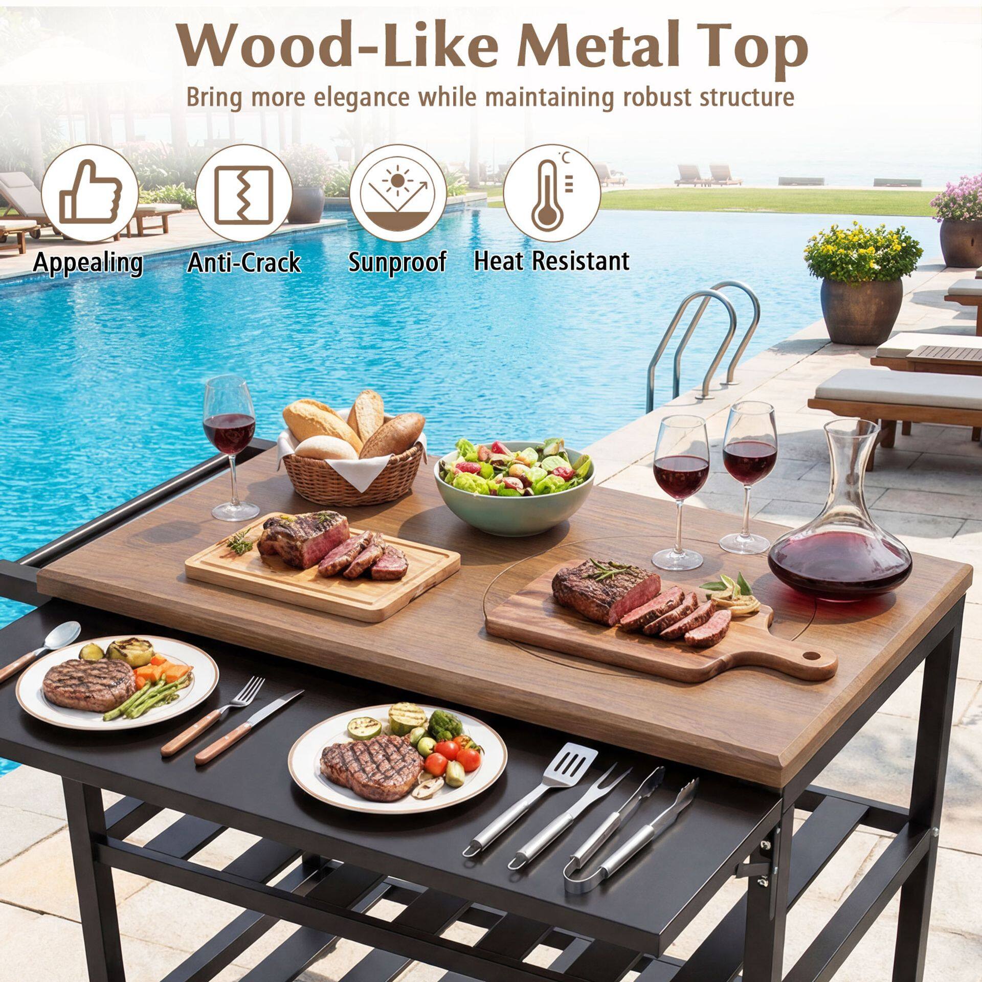 Outdoor Dining Cart with BBQ Grill and Folding Side Panel Outdoor Dining Cart with BBQ Grill and Folding Side Panel