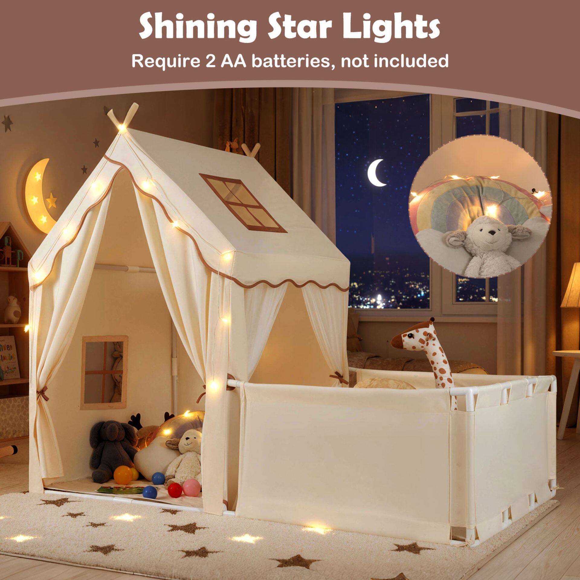 Lastele mõeldud mängutelk mänguaediku, õueukse, kardinate, akende ja tähevalgustitega poistele ja tüdrukutele - beež ja pruun