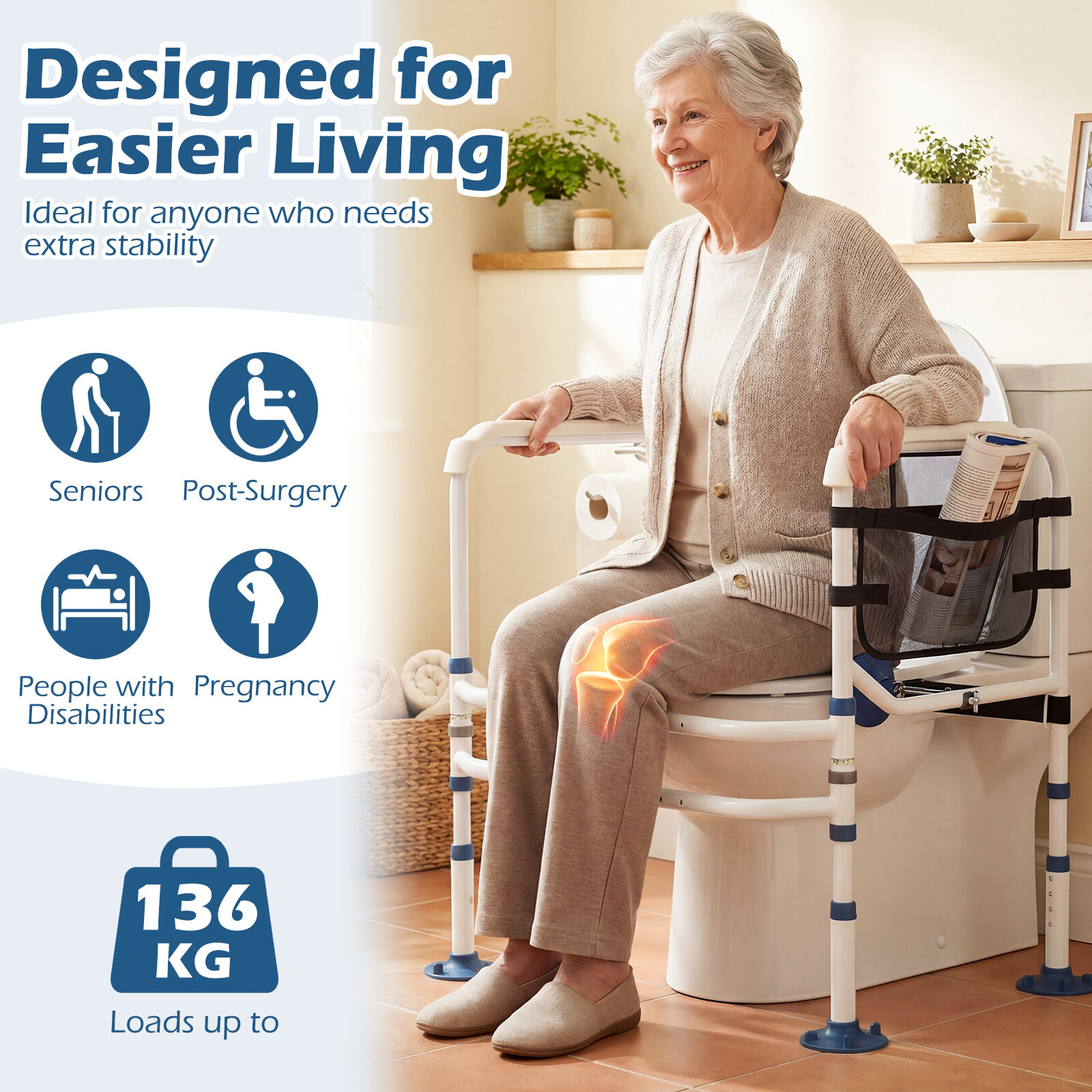 Adjustable Height & Width Toilet Grab Bar, Bathroom Armrest Frame with 6 Suction Cups, White