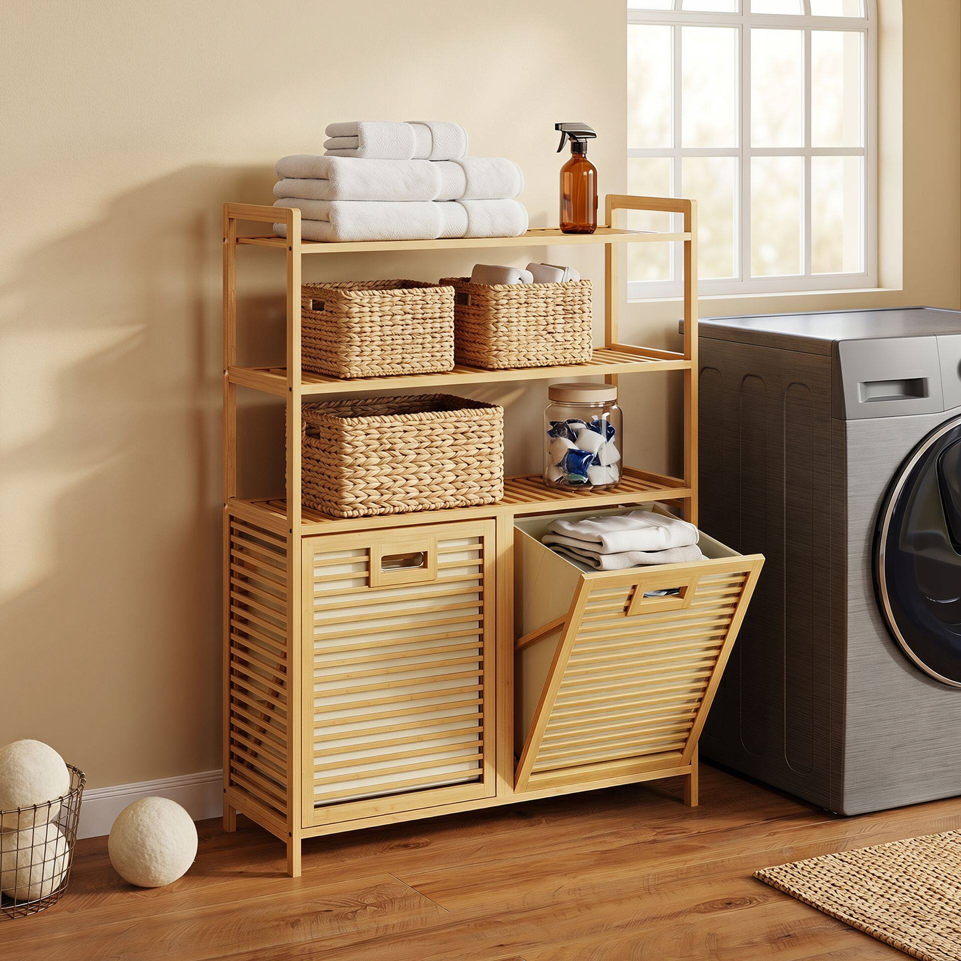 Double Tilt Out Laundry Hamper with 3 Shelves and 2 Removable Baskets for Dirty Clothes-Natural Double Tilt Out Laundry Hamper with 3 Shelves and 2 Removable Baskets for Dirty Clothes-Natural