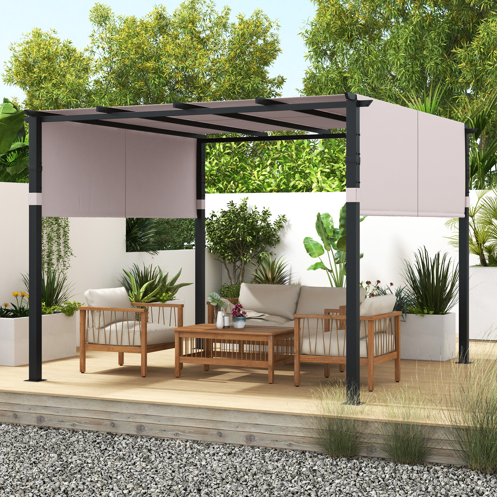 10 x 10 jala (3 x 3 m) lameda ülaosaga pergola väljatõmmatava varikatusega aia, basseini ääres ja tagaaias – hall