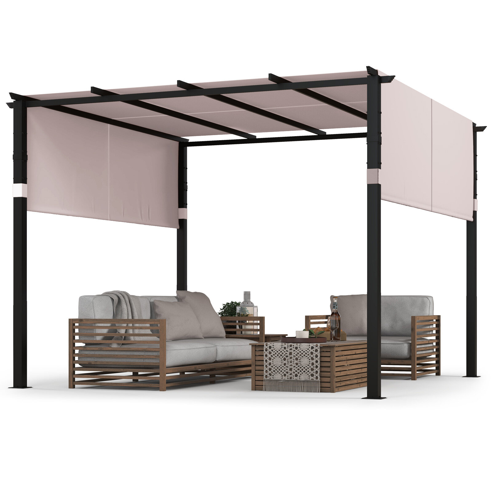 10 x 10 jala (3 x 3 m) lameda ülaosaga pergola väljatõmmatava varikatusega aia, basseini ääres ja tagaaias – hall