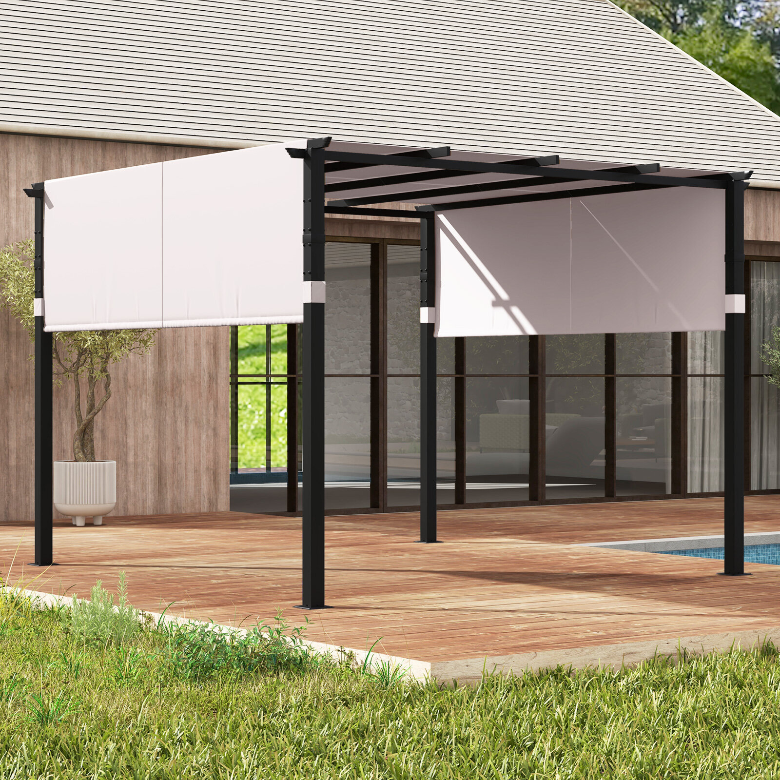 10 x 10 jala (3 x 3 m) lameda ülaosaga pergola väljatõmmatava varikatusega aia, basseini ääres ja tagaaias – hall