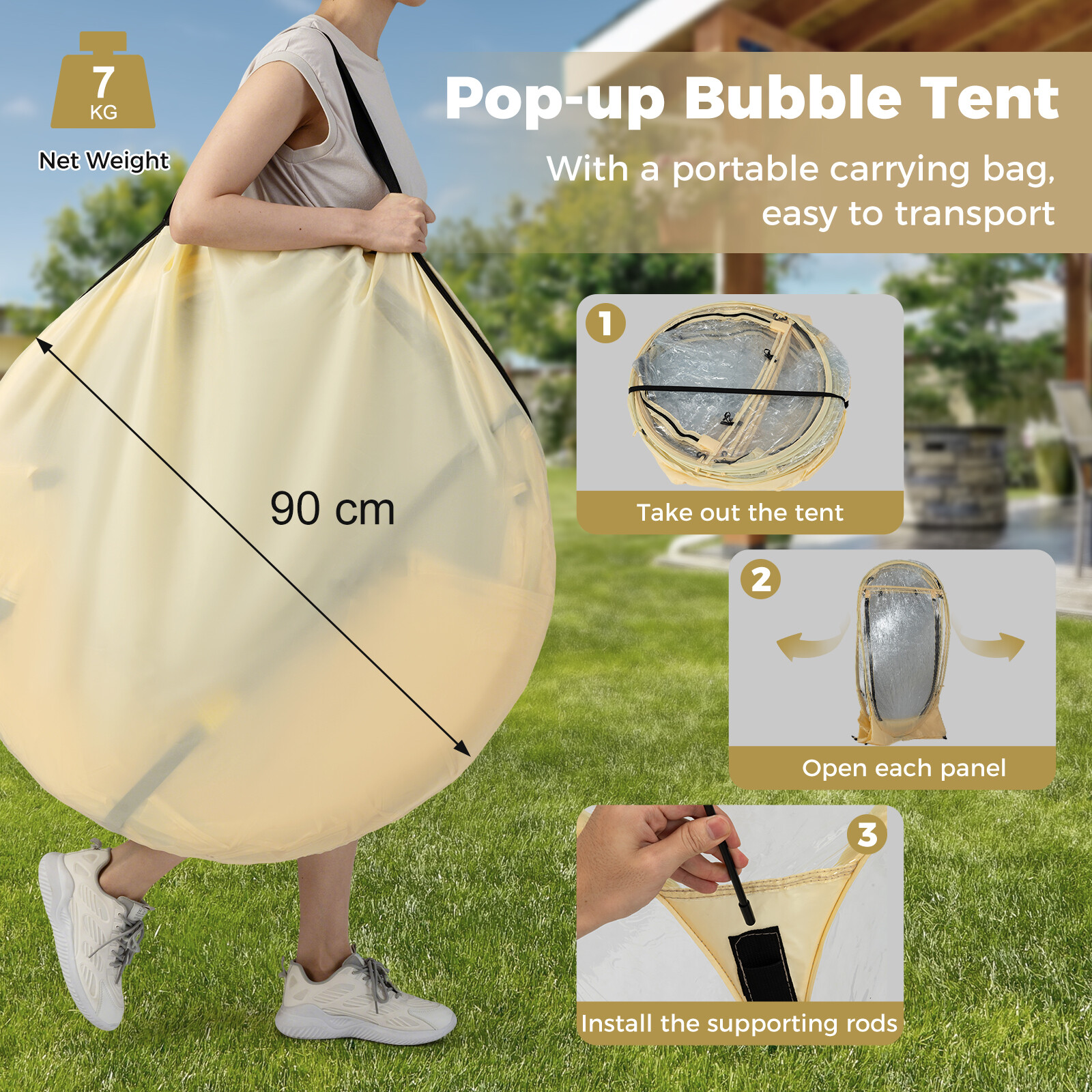 Pop Up mullitelk 630° läbipaistev PVC iglu 8,5 x 8,5 jalga koheselt paigaldatav varikatusega maja 5-6 inimesele - beež
