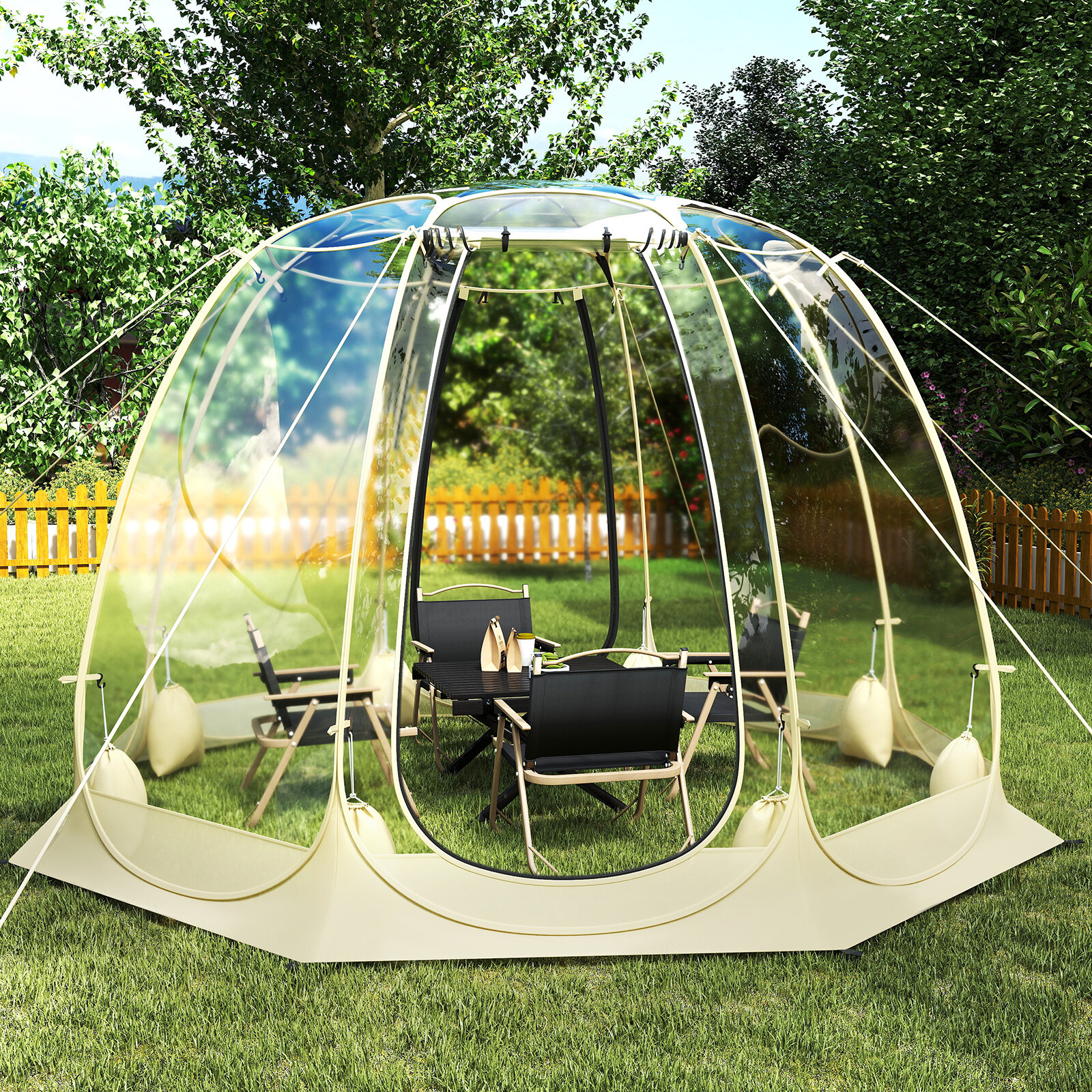 Pop Up mullitelk 630° läbipaistev PVC iglu 8,5 x 8,5 jalga koheselt paigaldatav varikatusega maja 5-6 inimesele - beež