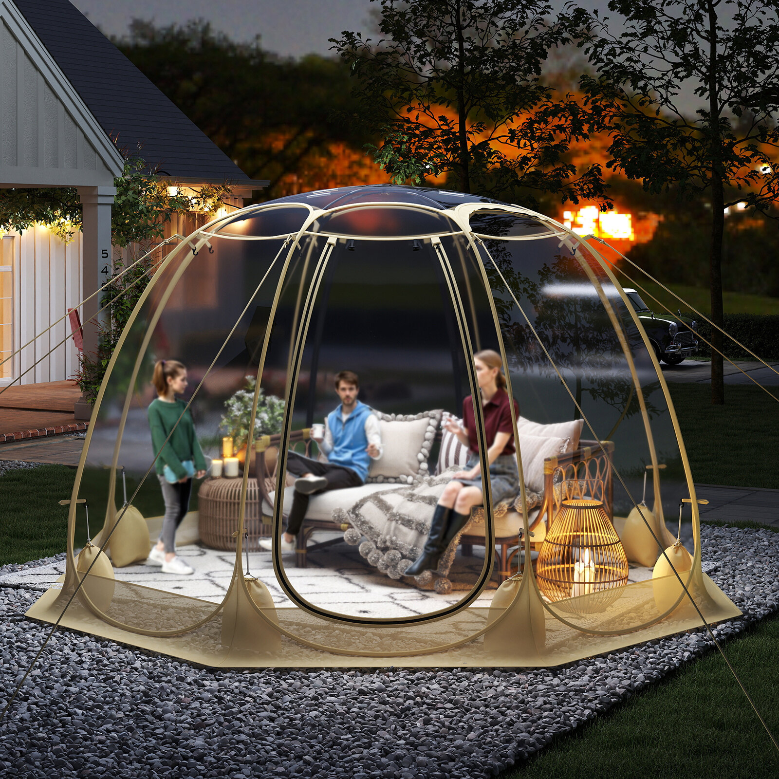 Pop Up mullitelk 630° läbipaistev PVC iglu 8,5 x 8,5 jalga koheselt paigaldatav varikatusega maja 5-6 inimesele - beež