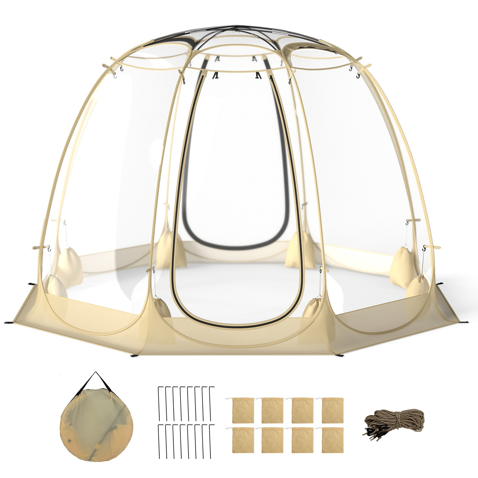 Pop Up mullitelk 630° läbipaistev PVC iglu 8,5 x 8,5 jalga koheselt paigaldatav varikatusega maja 5-6 inimesele - beež