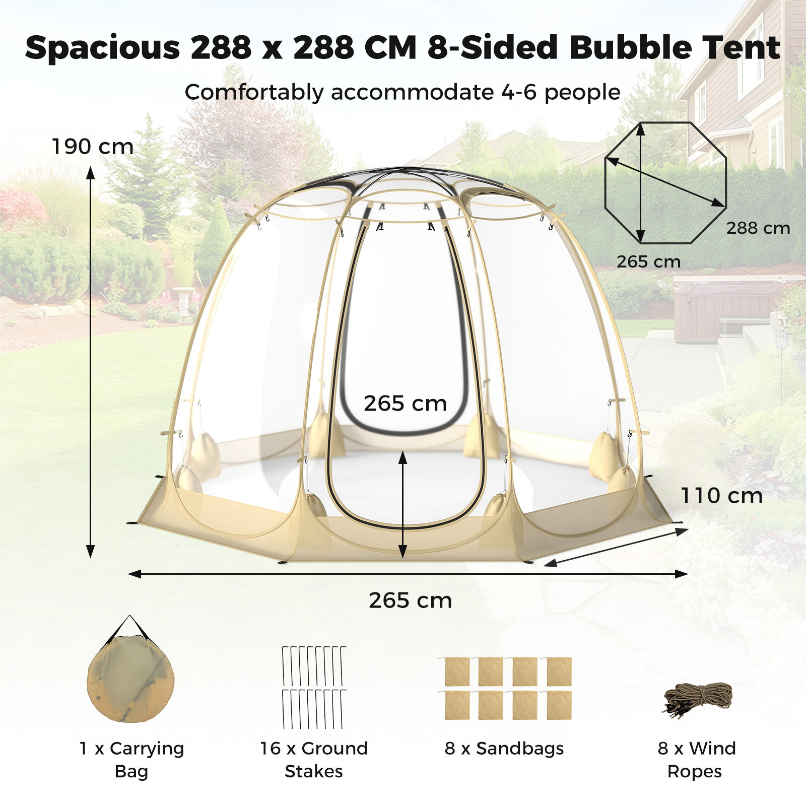 Pop Up mullitelk 630° läbipaistev PVC iglu 8,5 x 8,5 jalga koheselt paigaldatav varikatusega maja 5-6 inimesele - beež