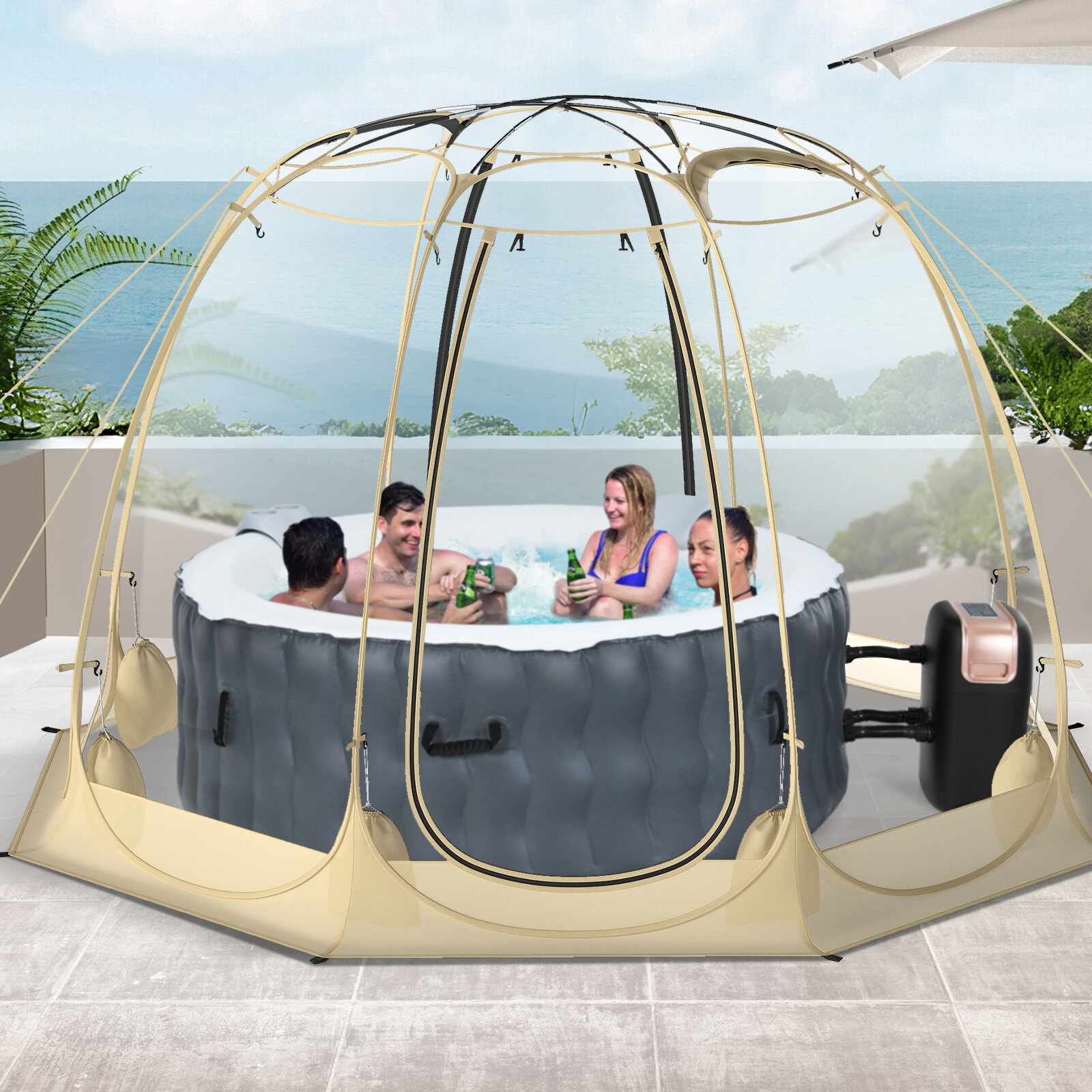 Pop Up mullitelk 630° läbipaistev PVC iglu 8,5 x 8,5 jalga koheselt paigaldatav varikatusega maja 5-6 inimesele - beež