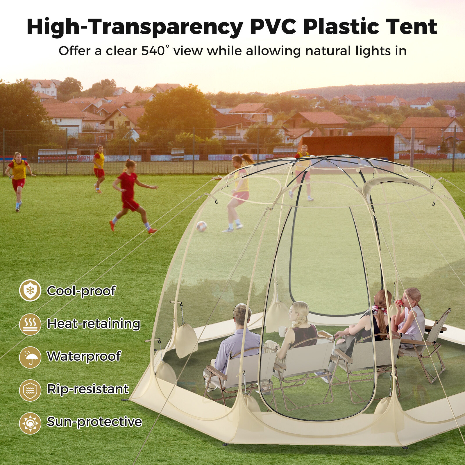 Pop Up mullitelk 630° läbipaistev PVC iglu 8,5 x 8,5 jalga koheselt paigaldatav varikatusega maja 5-6 inimesele - beež